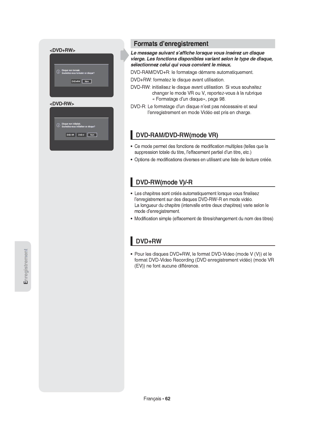 Samsung DVD-HR753/XEB, DVD-HR755/AUS, DVD-HR755/XEG manual Formats d’enregistrement, DVD-RAM/DVD-RWmode VR, DVD-RWmode V/-R 