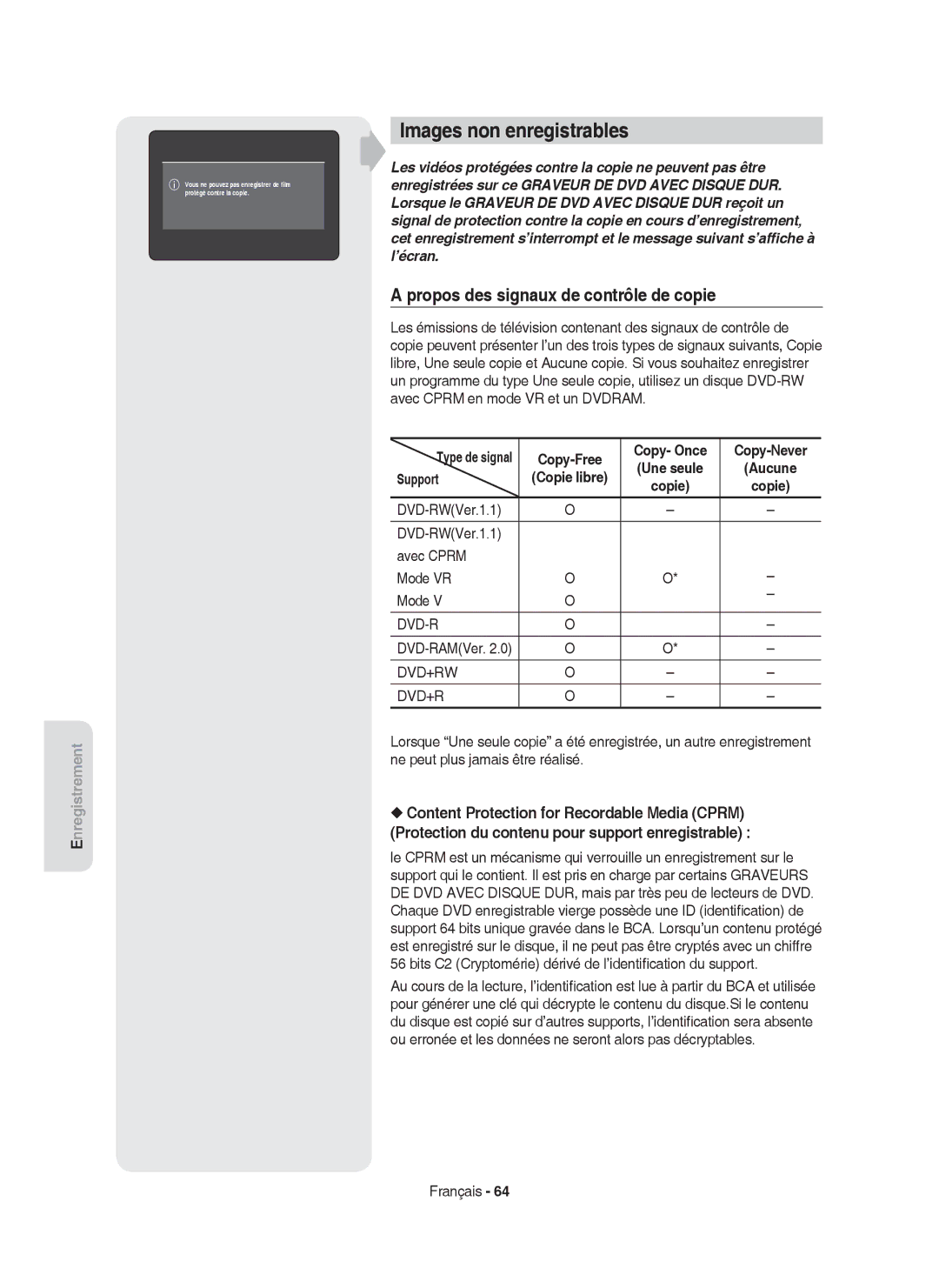 Samsung DVD-HR753/XEG Images non enregistrables, Propos des signaux de contrôle de copie, Copy-Free Copy- Once Copy-Never 