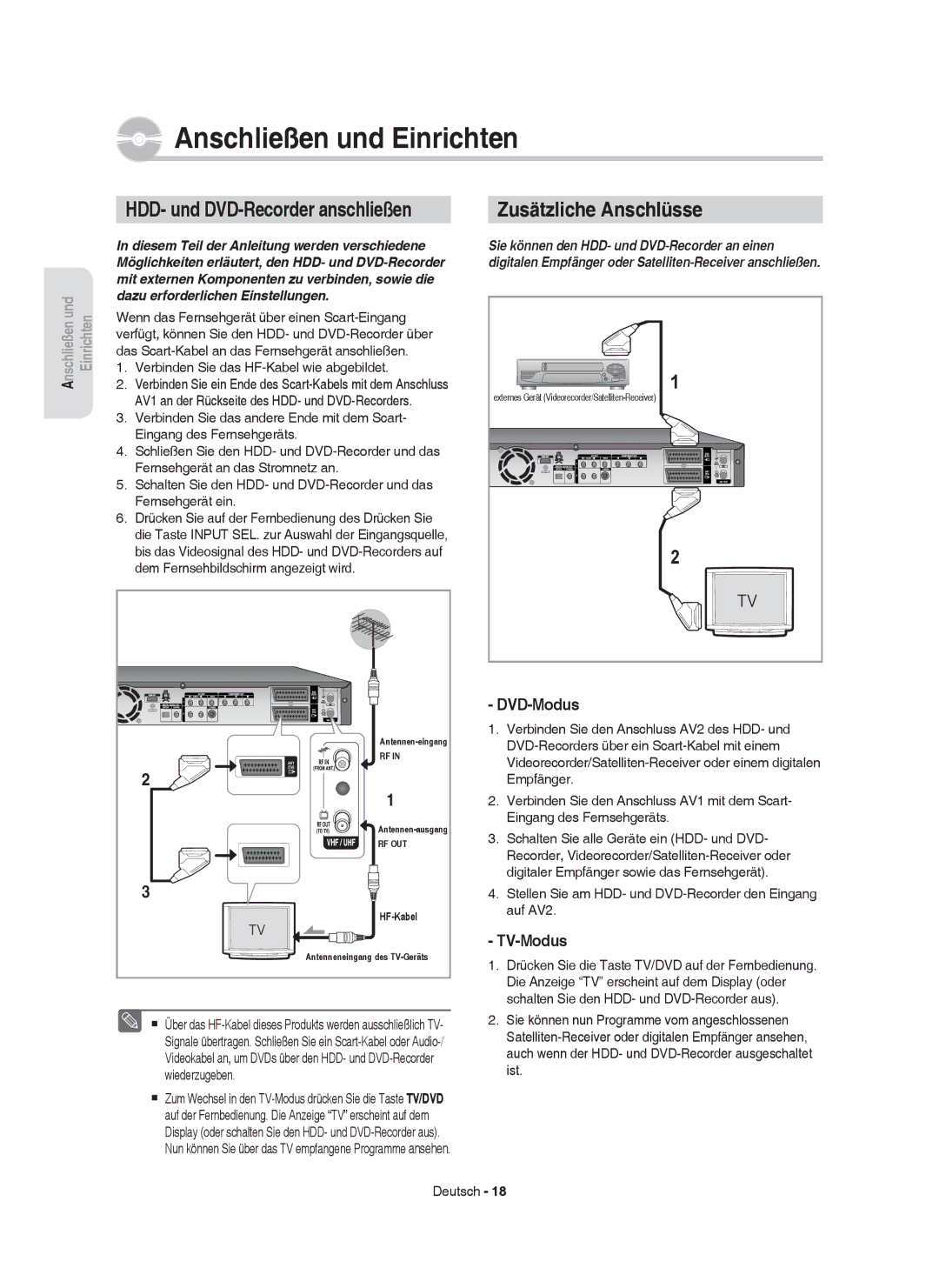 Samsung DVD-HR755/XEG, DVD-HR755/AUS manual HDD- und DVD-Recorder anschließen, Zusätzliche Anschlüsse, DVD-Modus, TV-Modus 