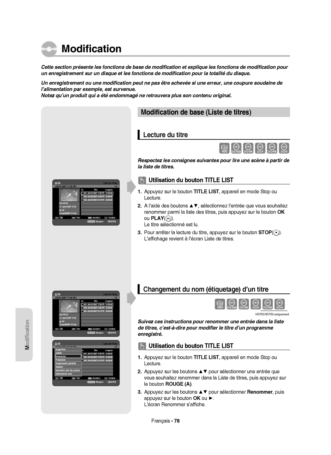 Samsung DVD-HR753/XEB manual Modiﬁcation de base Liste de titres, Lecture du titre, Changement du nom étiquetage d’un titre 