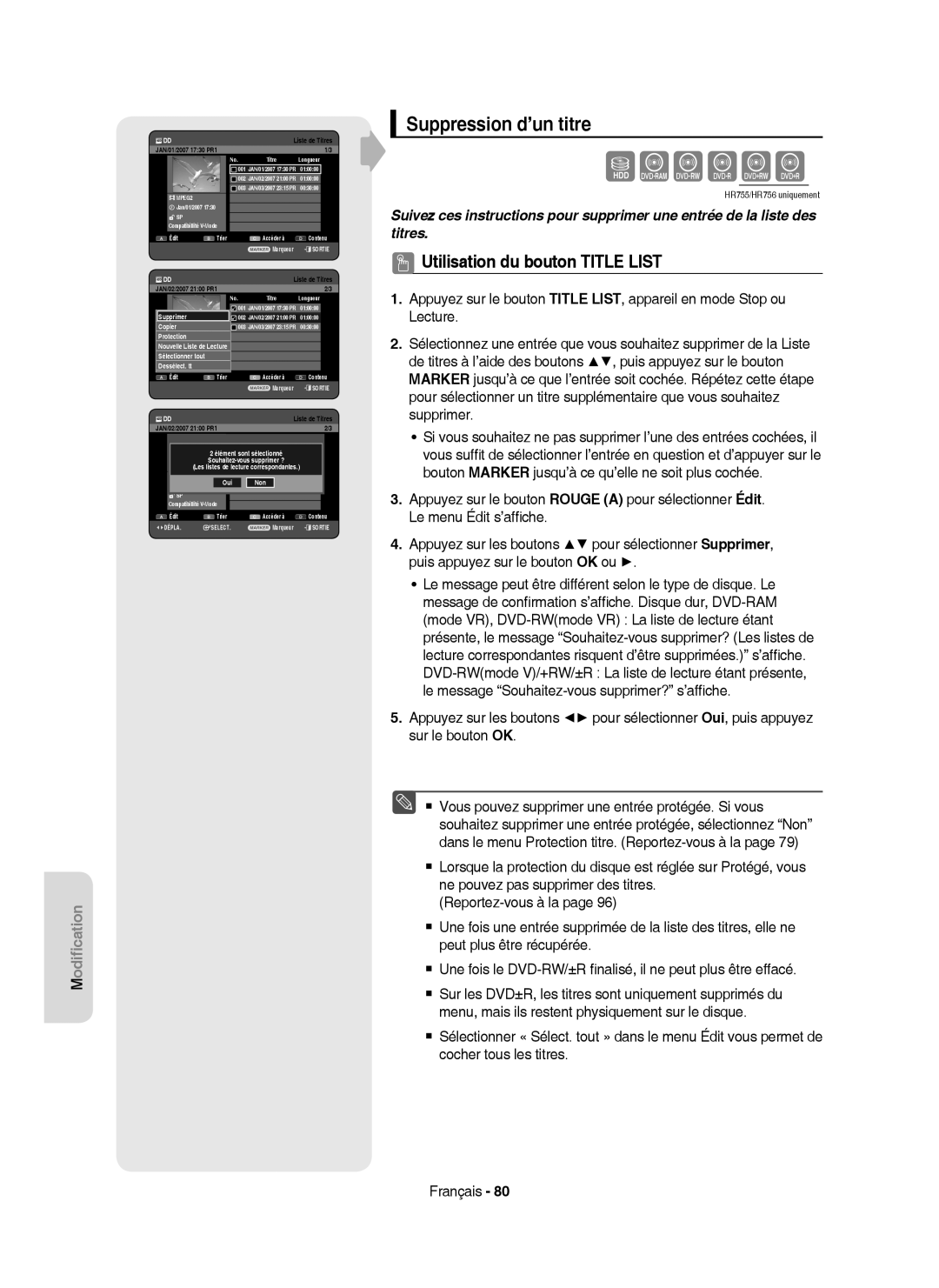 Samsung DVD-HR753/XEG, DVD-HR755/AUS manual Suppression d’un titre, Marqueur ESORTIE Liste de Titres JAN/02/2007 2100 PR1 