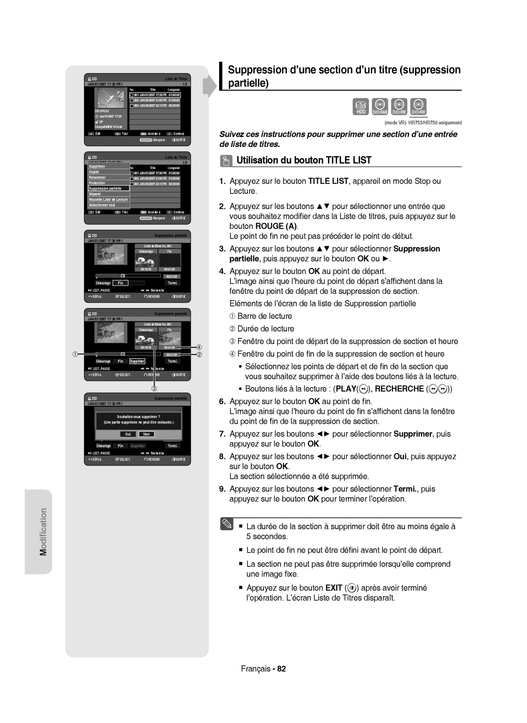 Samsung DVD-HR755/XEN manual Suppression d’une section d’un titre suppression partielle, Fin Supprimer Termi, Restaurée 