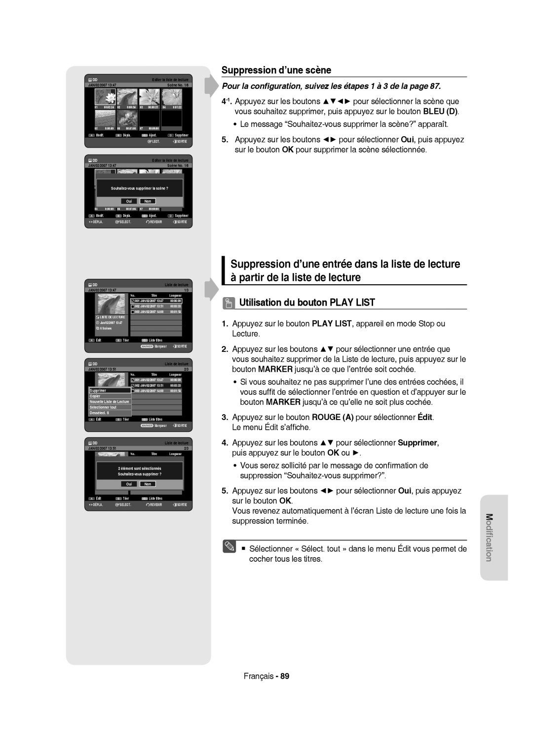 Samsung DVD-HR755/XEB manual Suppression d’une scène, Le message Souhaitez-vous supprimer la scène? apparaît, Dessélect. tt 