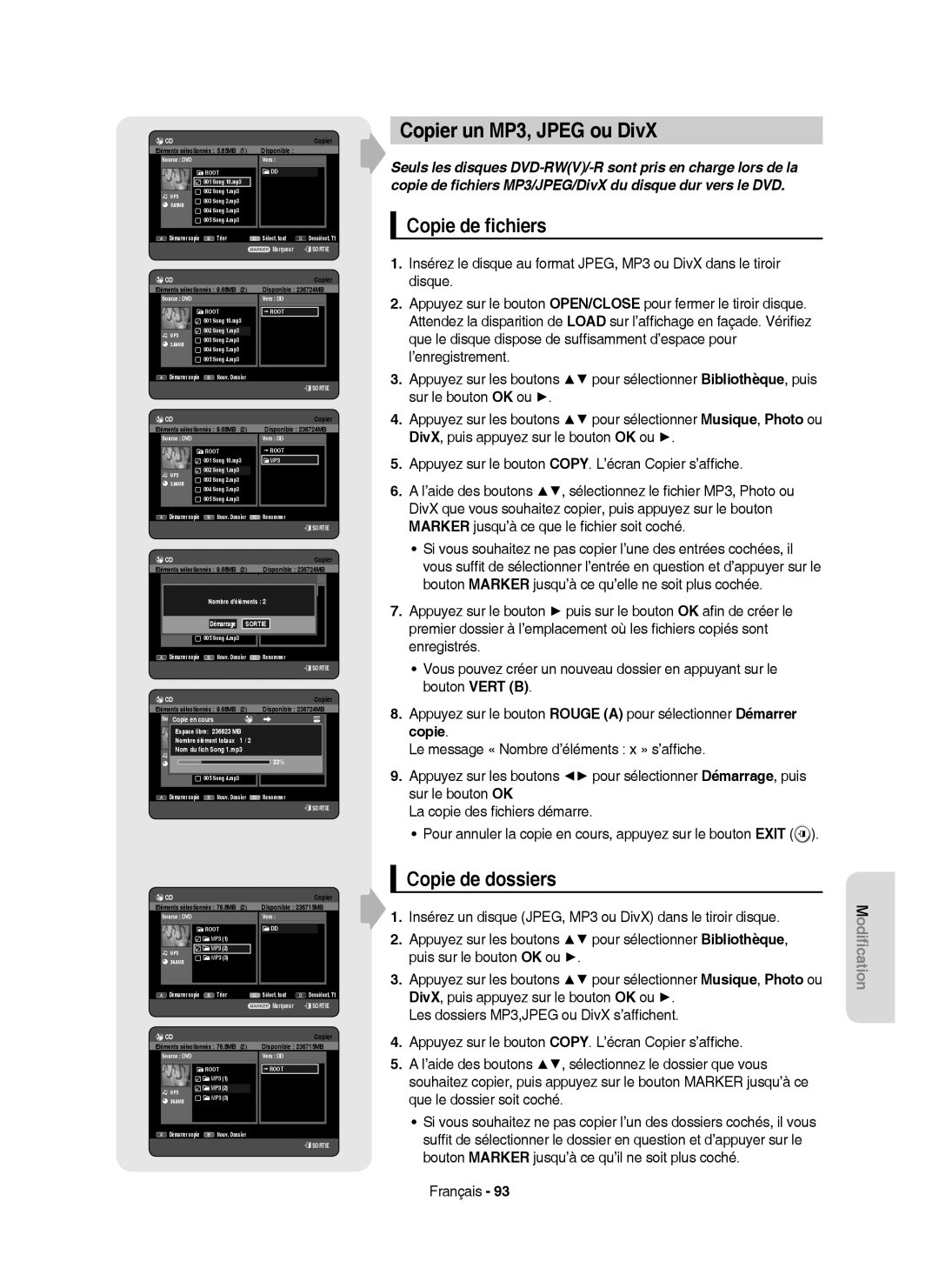 Samsung DVD-HR755/AUS, DVD-HR753/XEB, DVD-HR755/XEG manual Copier un MP3, Jpeg ou DivX, Copie de ﬁchiers, Copie de dossiers 