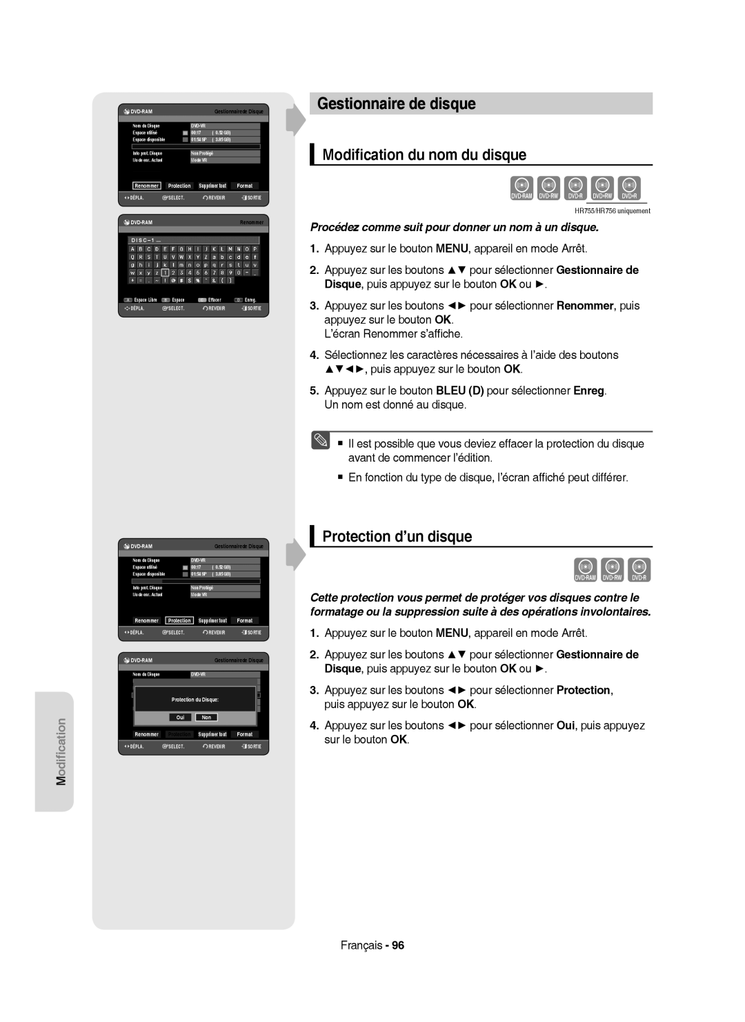 Samsung DVD-HR753/XEG, DVD-HR755/AUS manual Gestionnaire de disque, Modiﬁcation du nom du disque, Protection d’un disque 