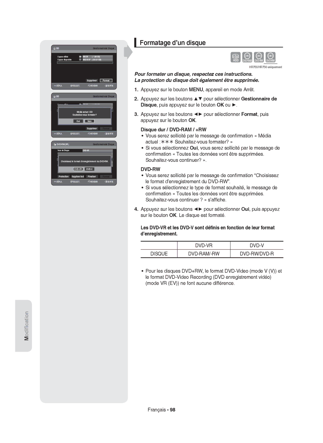 Samsung DVD-HR755/XEN, DVD-HR755/AUS, DVD-HR753/XEB, DVD-HR755/XEG Formatage d’un disque, Disque dur / DVD-RAM / +RW, Dvd-Vr 