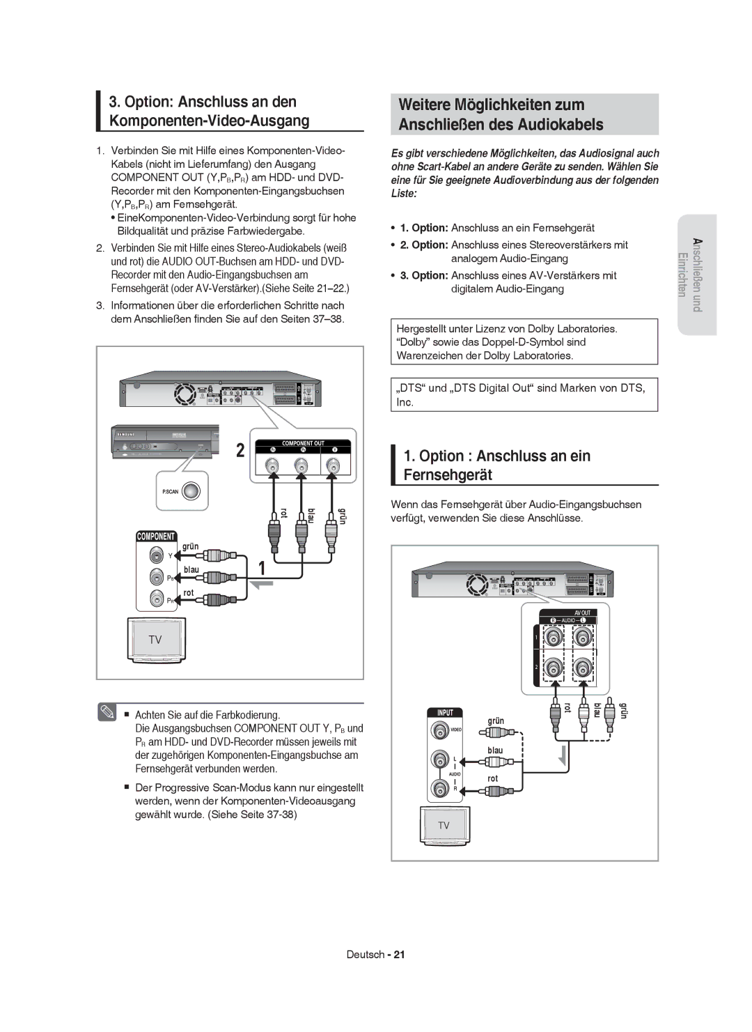 Samsung DVD-HR755/XEN manual Weitere Möglichkeiten zum Anschließen des Audiokabels, Option Anschluss an ein Fernsehgerät 