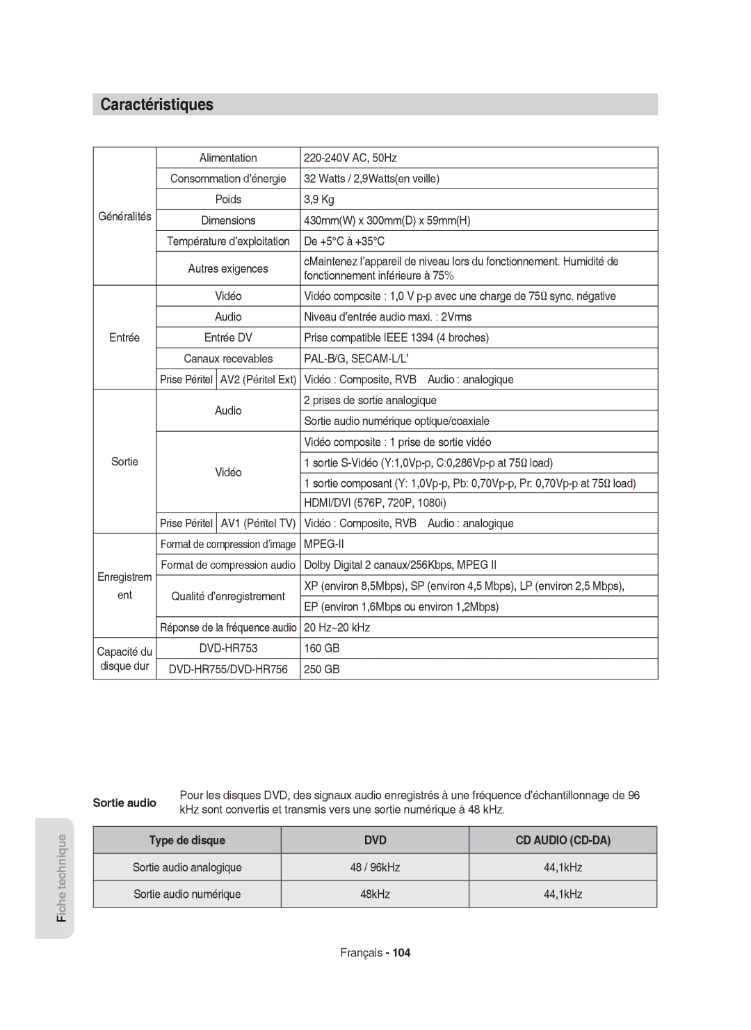 Samsung DVD-HR753/XEG, DVD-HR755/AUS, DVD-HR753/XEB, DVD-HR755/XEG manual Caractéristiques, Sortie audio, Type de disque 