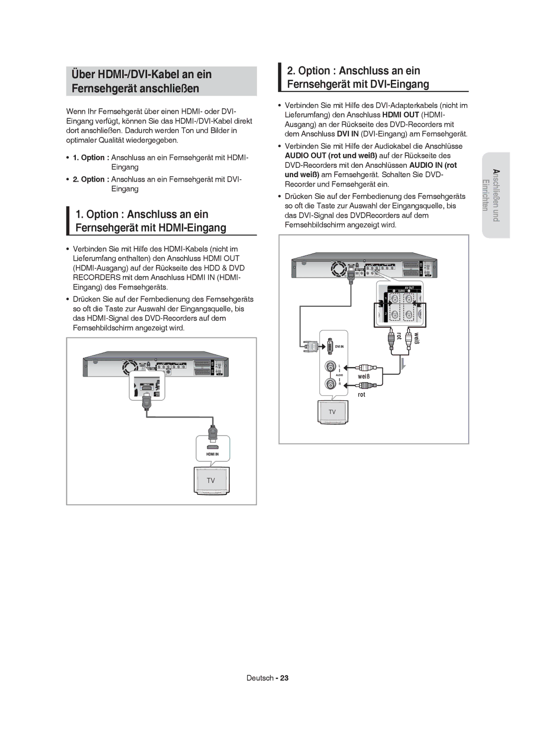 Samsung DVD-HR753/XEF, DVD-HR755/AUS, DVD-HR753/XEB, DVD-HR755/XEG manual Über HDMI-/DVI-Kabel an ein Fernsehgerät anschließen 