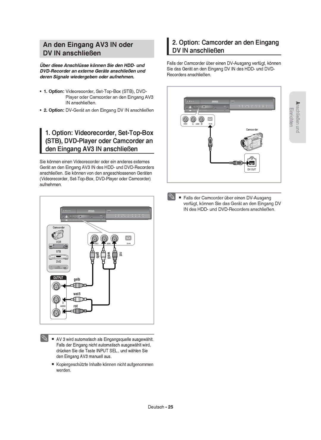 Samsung DVD-HR753/XEB An den Eingang AV3 in oder DV in anschließen, Option Camcorder an den Eingang DV in anschließen 