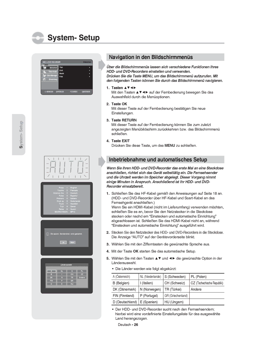 Samsung DVD-HR755/XEG manual Navigation in den Bildschirmmenüs, Inbetriebnahme und automatisches Setup, Tasten, Taste OK 