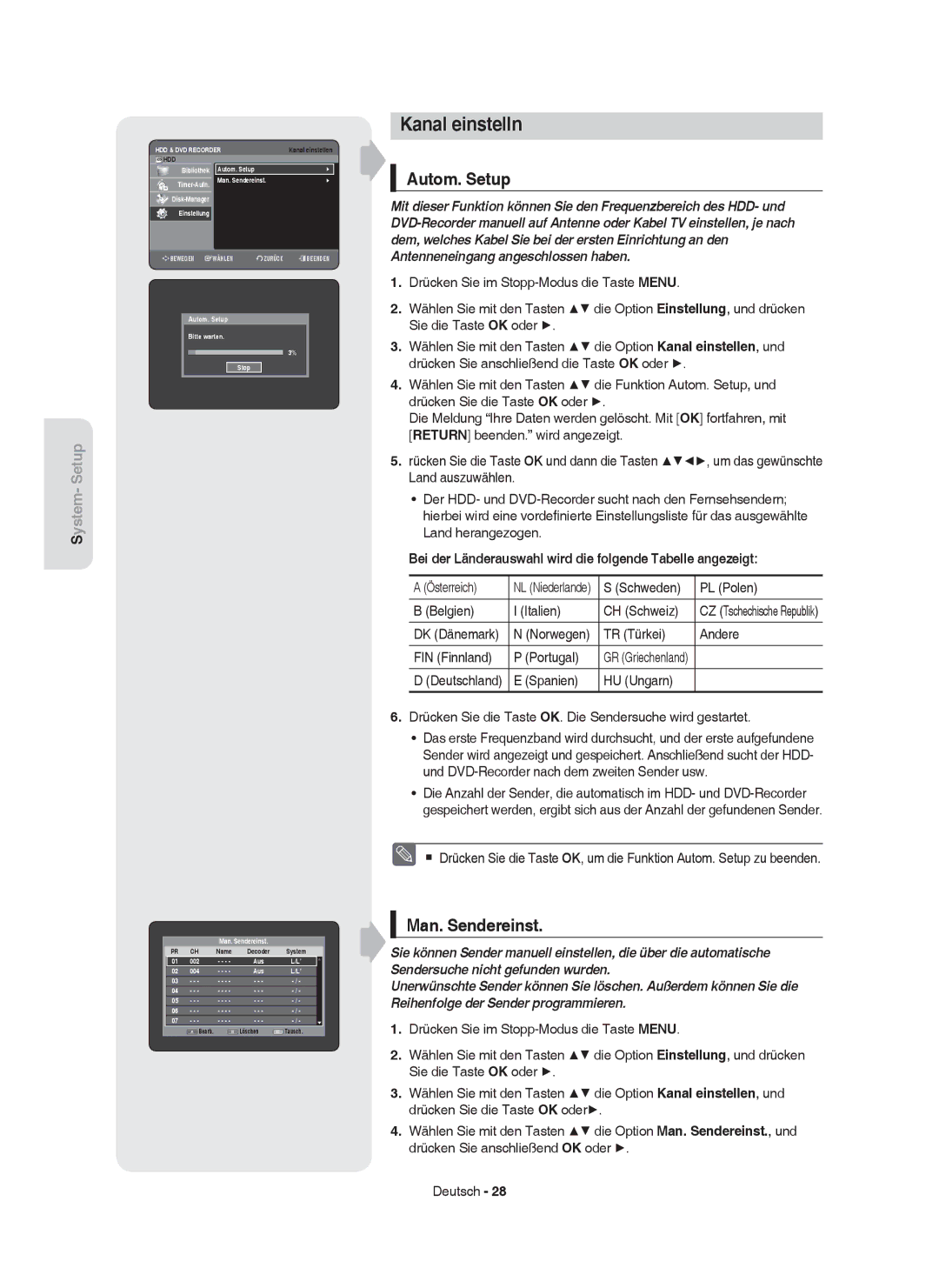 Samsung DVD-HR755/XEB, DVD-HR755/AUS, DVD-HR753/XEB, DVD-HR755/XEG manual Kanal einstelln, Autom. Setup, Man. Sendereinst 