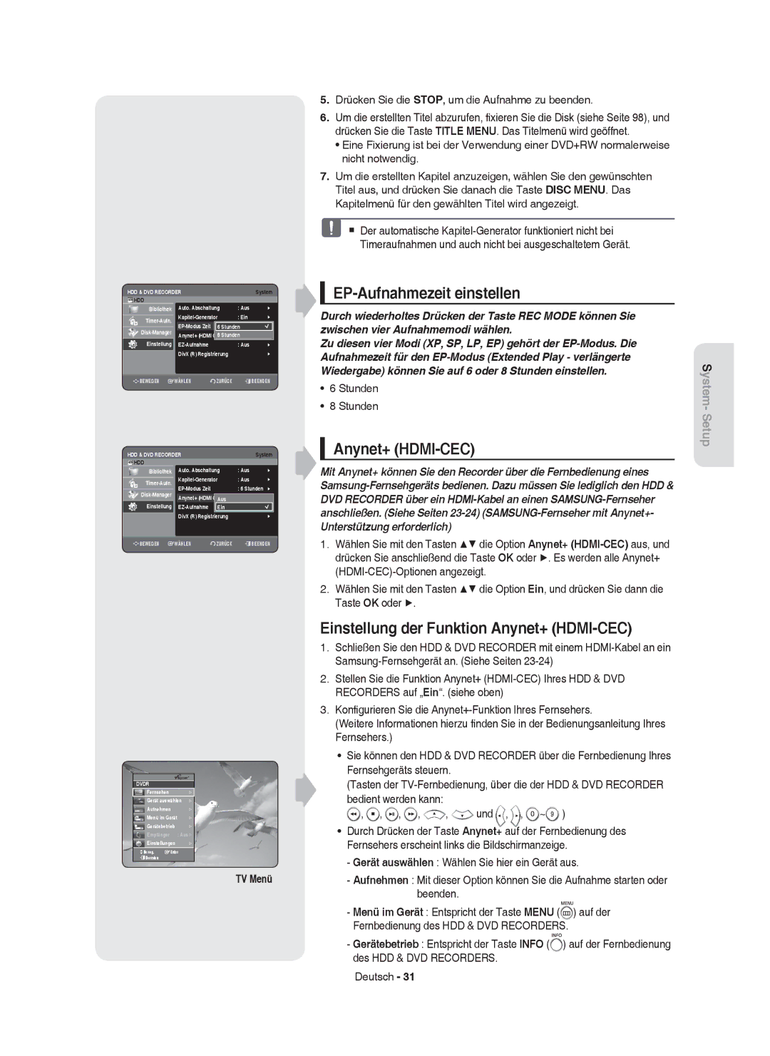 Samsung DVD-HR753/XEF, DVD-HR755/AUS EP-Aufnahmezeit einstellen, Einstellung der Funktion Anynet+ HDMI-CEC, TV Menü 