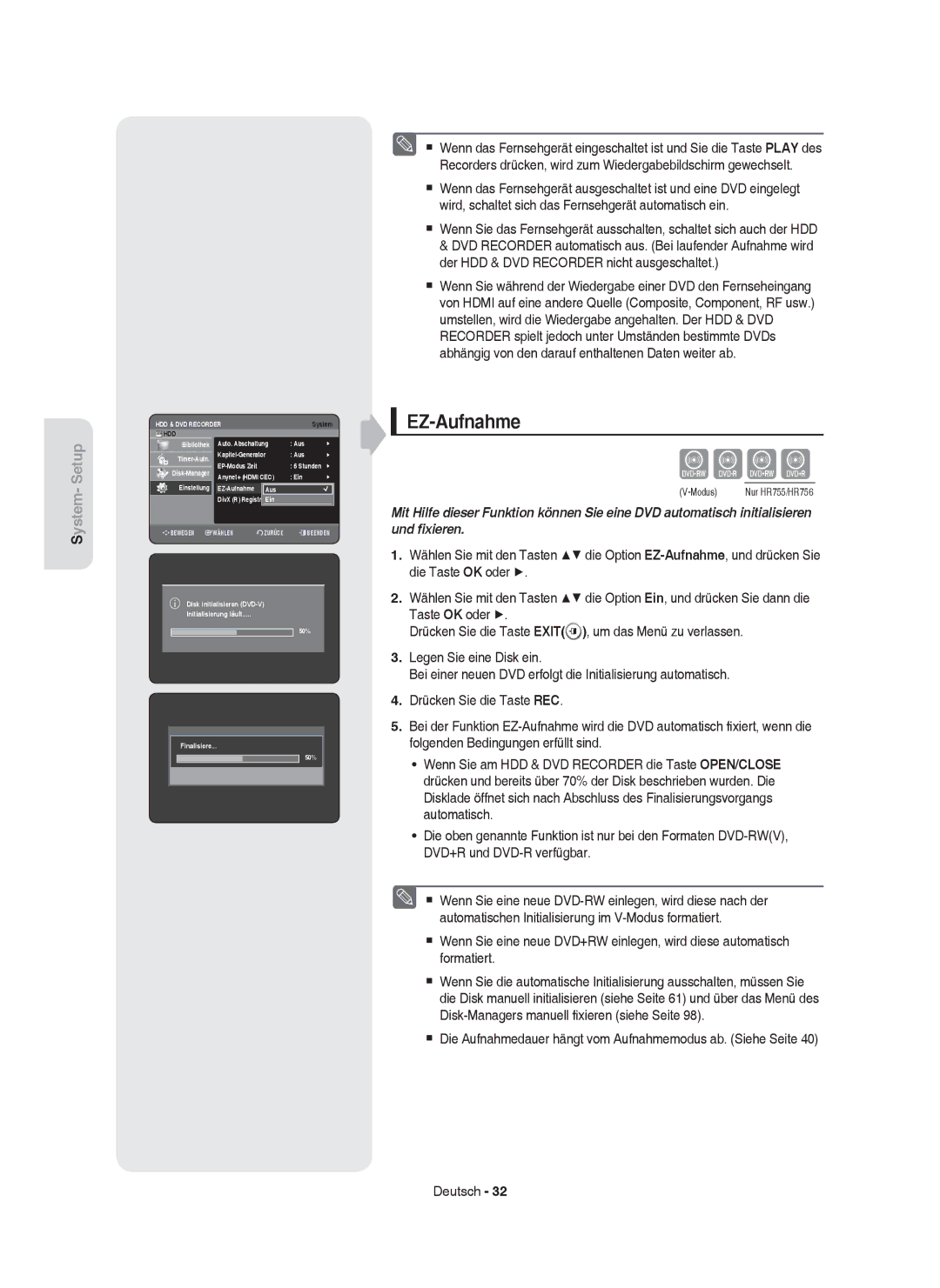 Samsung DVD-HR755/AUS manual Anynet+ Hdmi CEC Ein, EZ-Aufnahme Aus, Disk initialisieren DVD-V Initialisierung läuft 