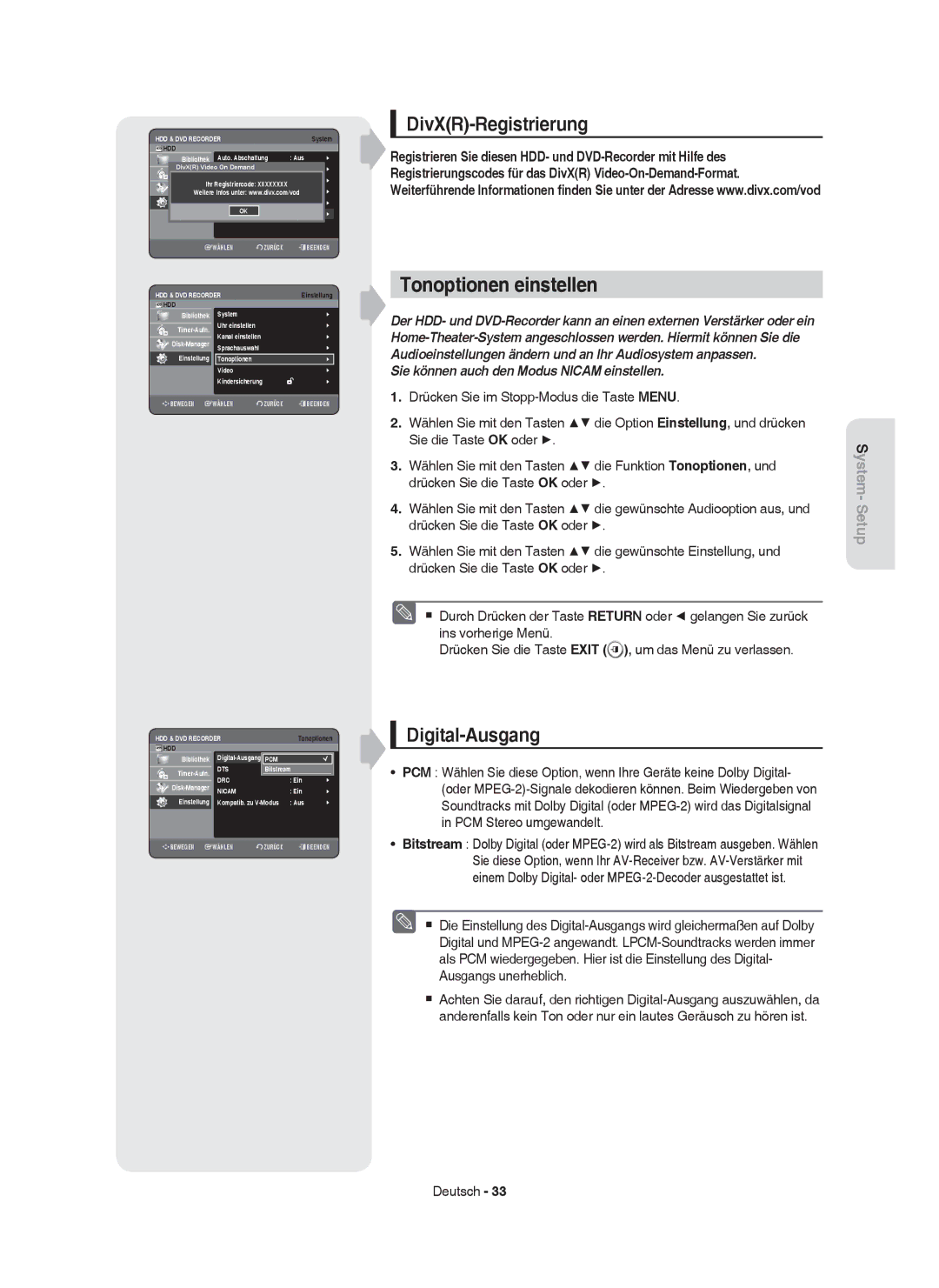 Samsung DVD-HR753/XEB manual Tonoptionen einstellen, DivXR-Registrierung, Digital-Ausgang, Drücken Sie die Taste OK oder 