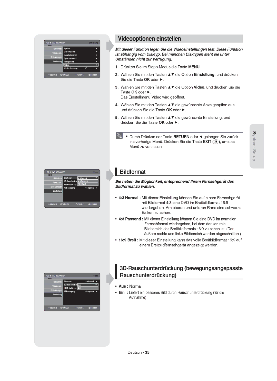 Samsung DVD-HR753/XEG, DVD-HR755/AUS, DVD-HR753/XEB, DVD-HR755/XEG manual Videooptionen einstellen, Bildformat, Aus Normal 