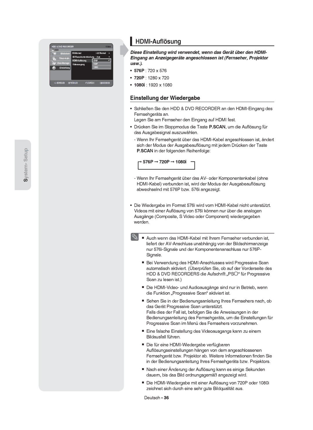 Samsung DVD-HR755/XEB manual HDMI-Auﬂösung, Einstellung der Wiedergabe, 576P 720 x 720P 1280 x 1080i 1920 x, 576P 720P 