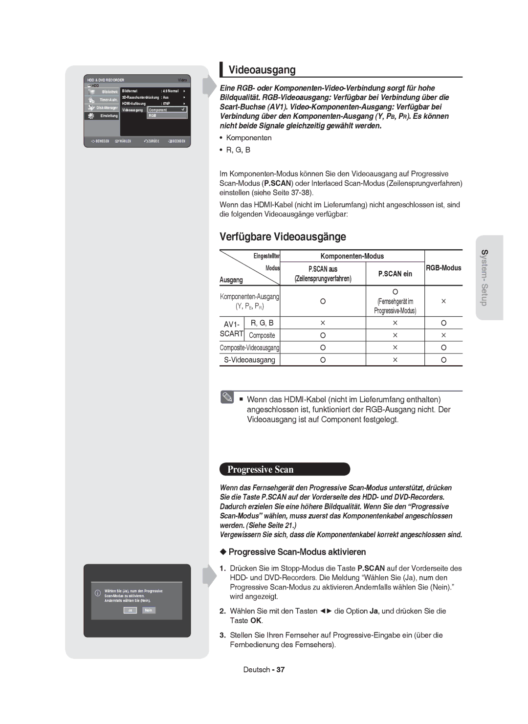 Samsung DVD-HR755/XEN manual Videoausgang, Verfügbare Videoausgänge, Progressive Scan-Modus aktivieren, Komponenten-Modus 