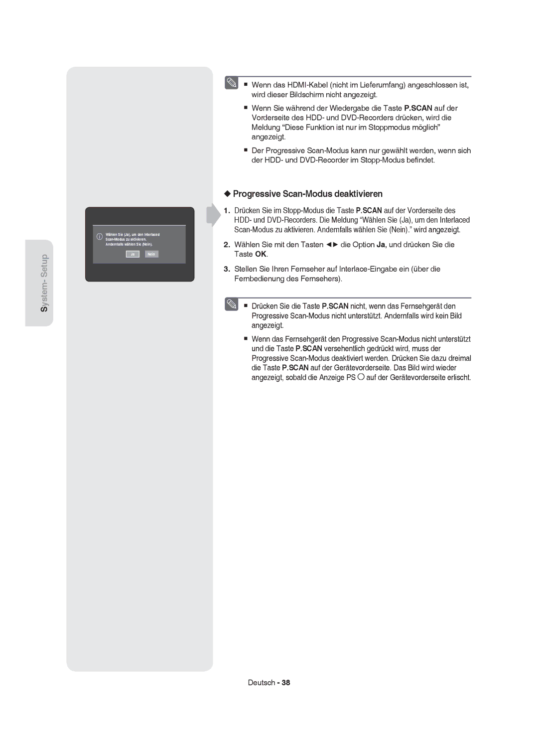 Samsung DVD-HR753/AUS, DVD-HR755/AUS, DVD-HR753/XEB, DVD-HR755/XEG, DVD-HR753/XEG manual Progressive Scan-Modus deaktivieren 