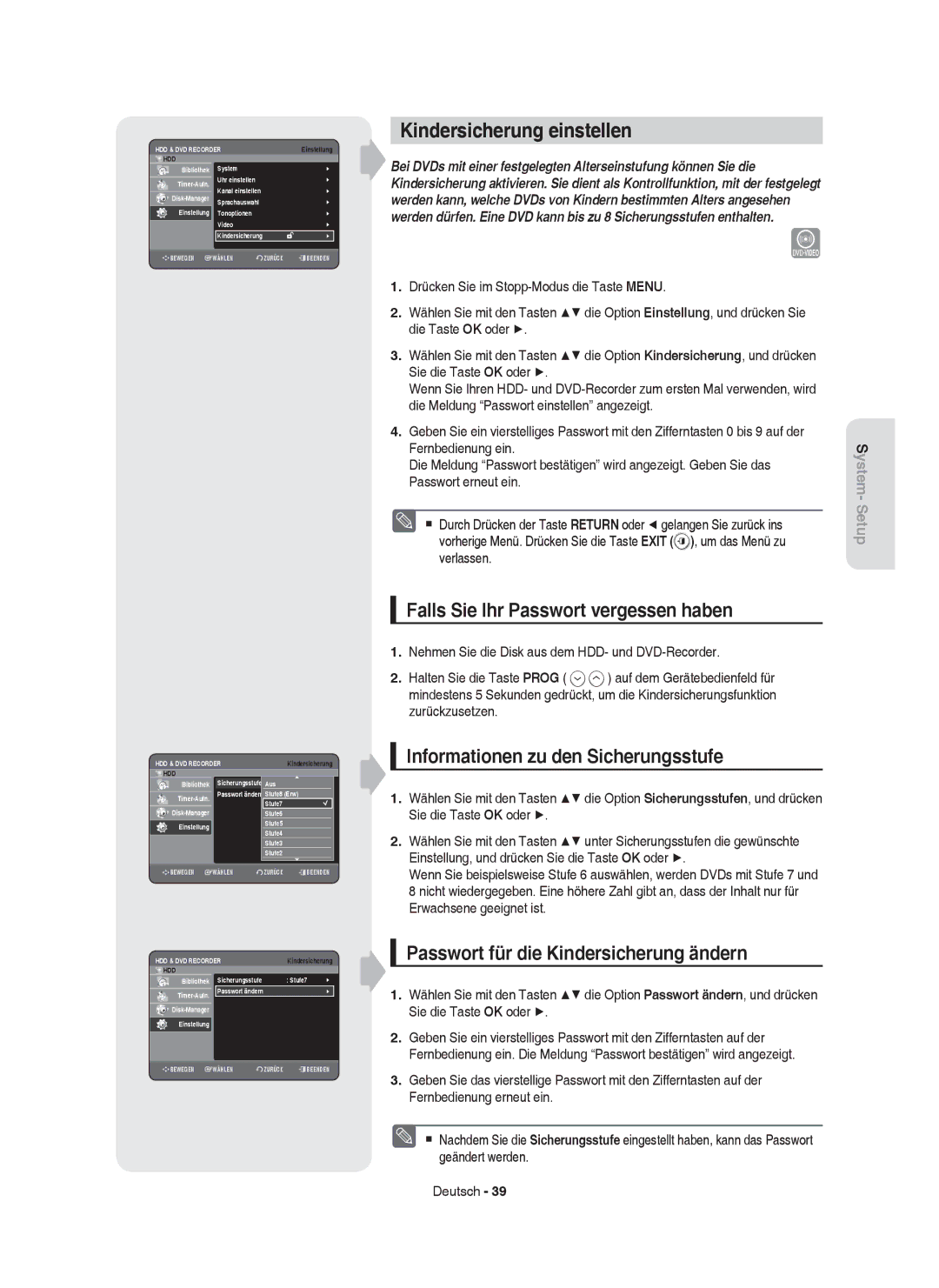 Samsung DVD-HR753/XEF, DVD-HR755/AUS, DVD-HR753/XEB manual Kindersicherung einstellen, Falls Sie Ihr Passwort vergessen haben 