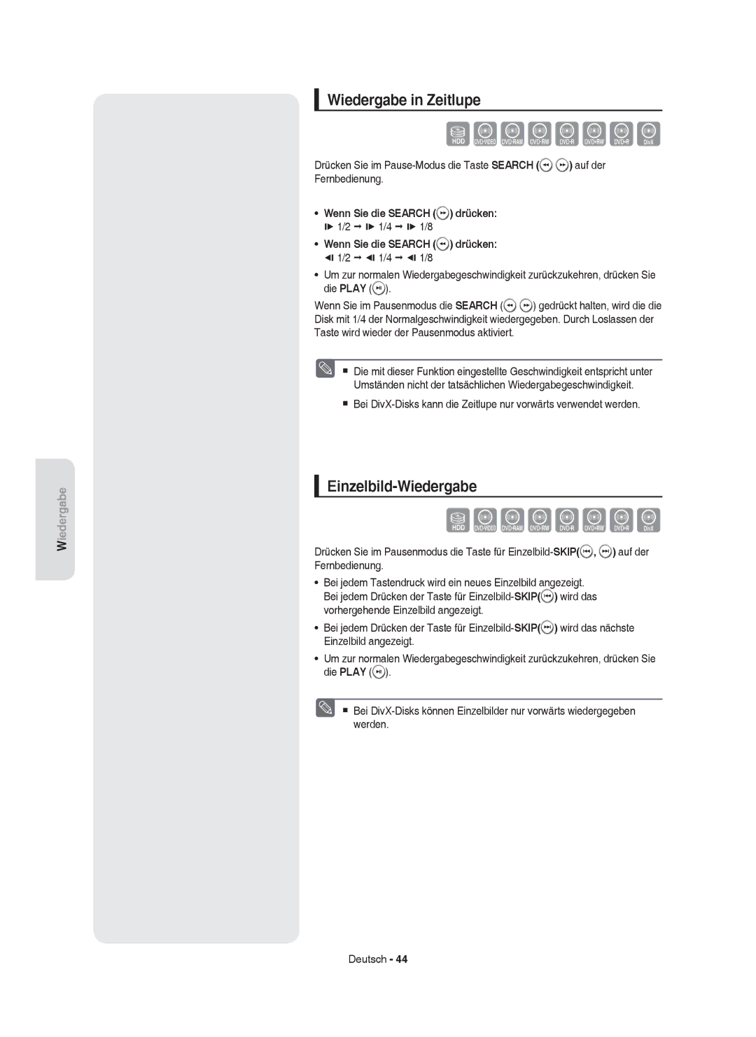 Samsung DVD-HR755/XEB manual Wiedergabe in Zeitlupe, Einzelbild-Wiedergabe, Wenn Sie die Search drücken,  1/2  1/4 1/8 