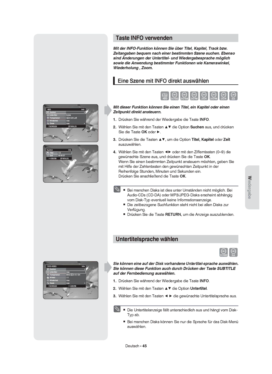 Samsung DVD-HR755/XEN Taste Info verwenden, Untertitelsprache wählen, Eine Szene mit Info direkt auswählen, Hdd, Dvd-Video 