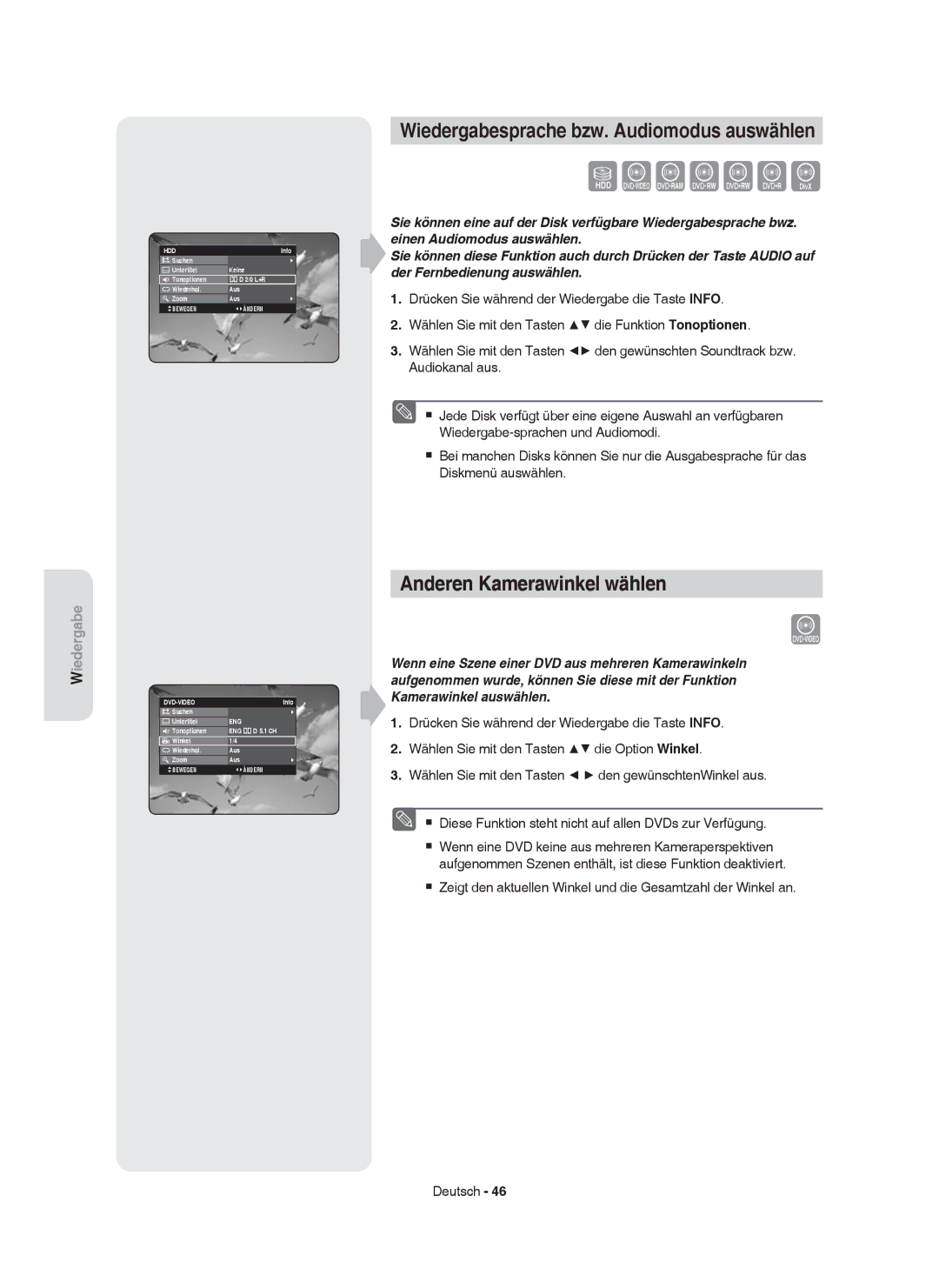 Samsung DVD-HR753/AUS Wiedergabesprache bzw. Audiomodus auswählen, Anderen Kamerawinkel wählen, Suchen Untertitel, Eng 