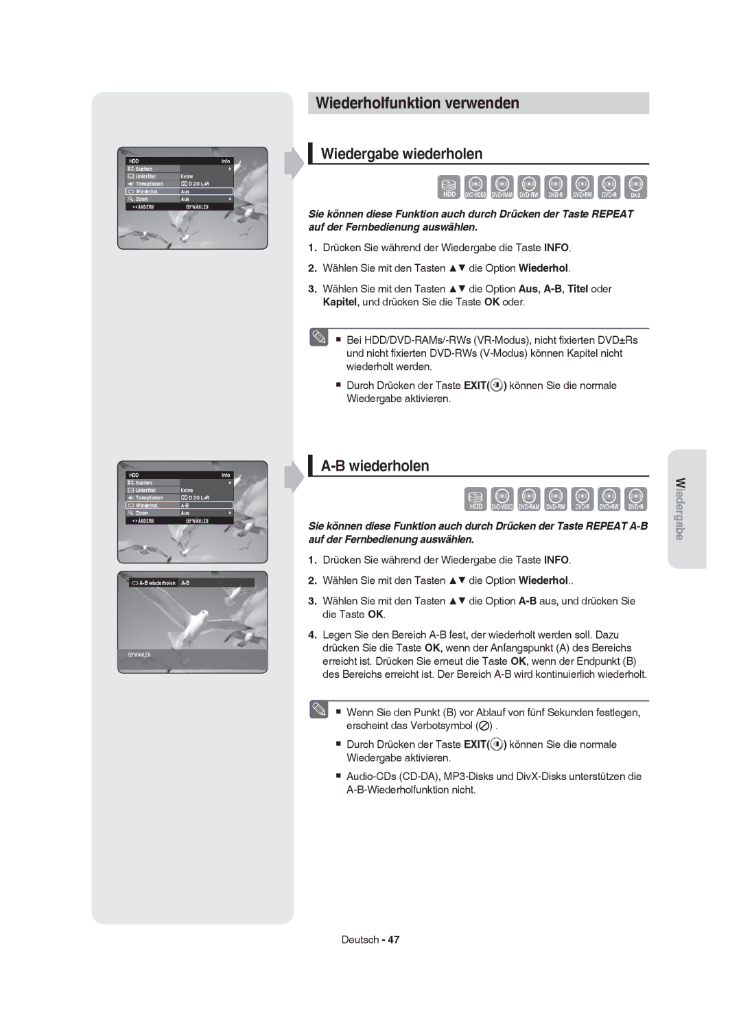 Samsung DVD-HR753/XEF, DVD-HR755/AUS Wiederholfunktion verwenden, Wiedergabe wiederholen, Wiederholen, B wiederholen A-B 