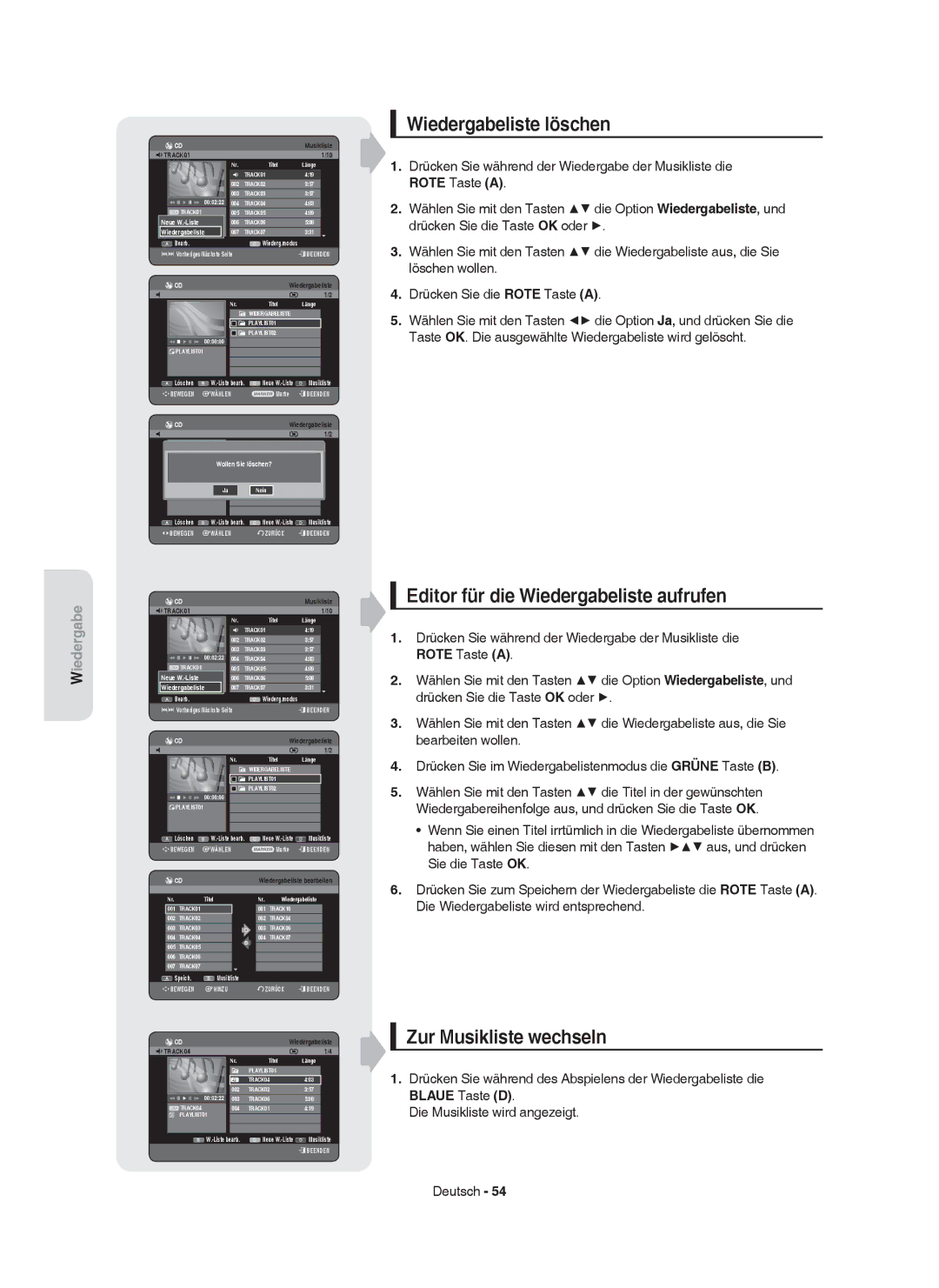 Samsung DVD-HR753/AUS manual Wiedergabeliste löschen, Editor für die Wiedergabeliste aufrufen, Zur Musikliste wechseln 