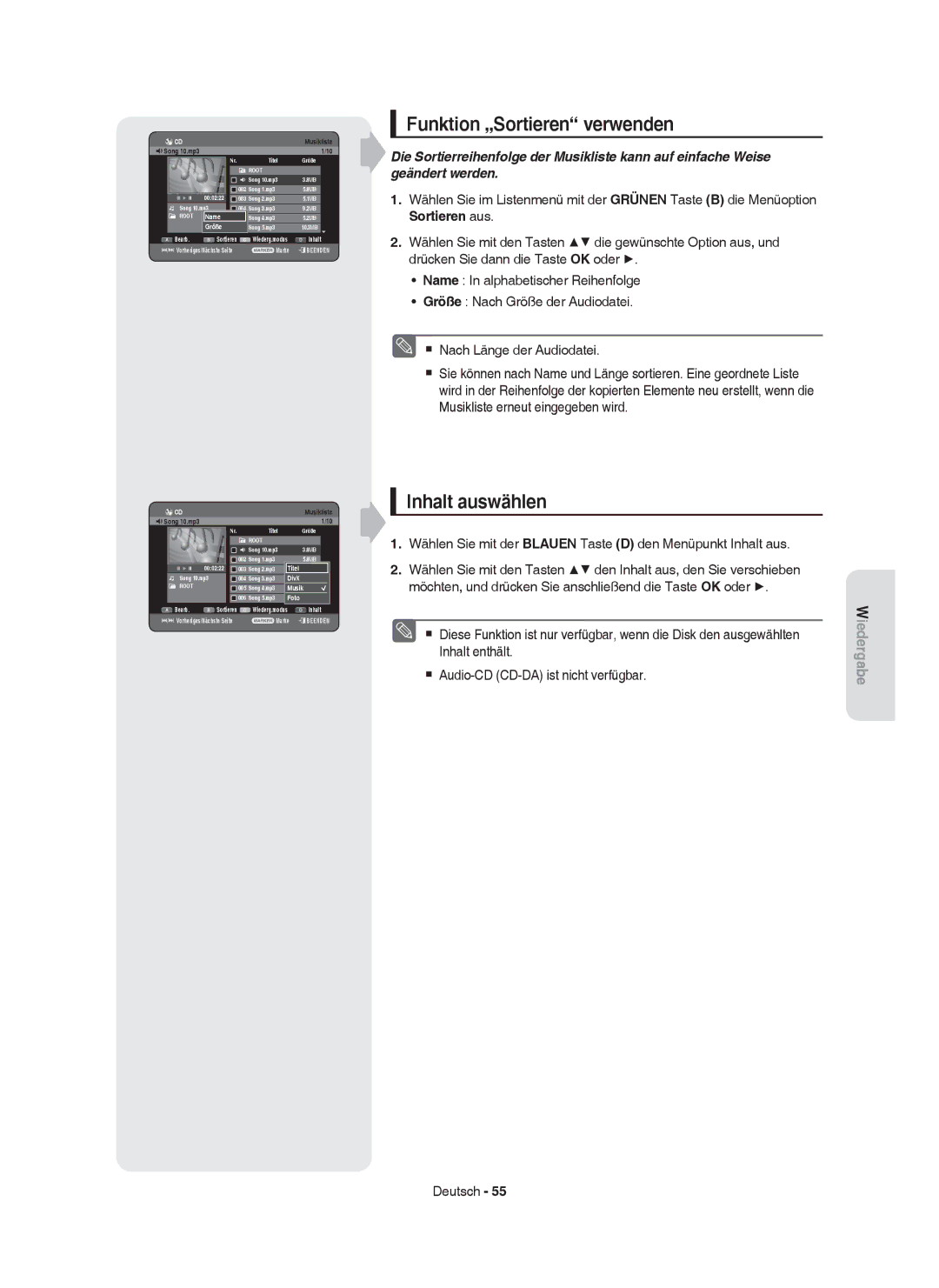 Samsung DVD-HR753/XEF, DVD-HR755/AUS, DVD-HR753/XEB manual Funktion „Sortieren verwenden, Inhalt auswählen, Name, Größe 