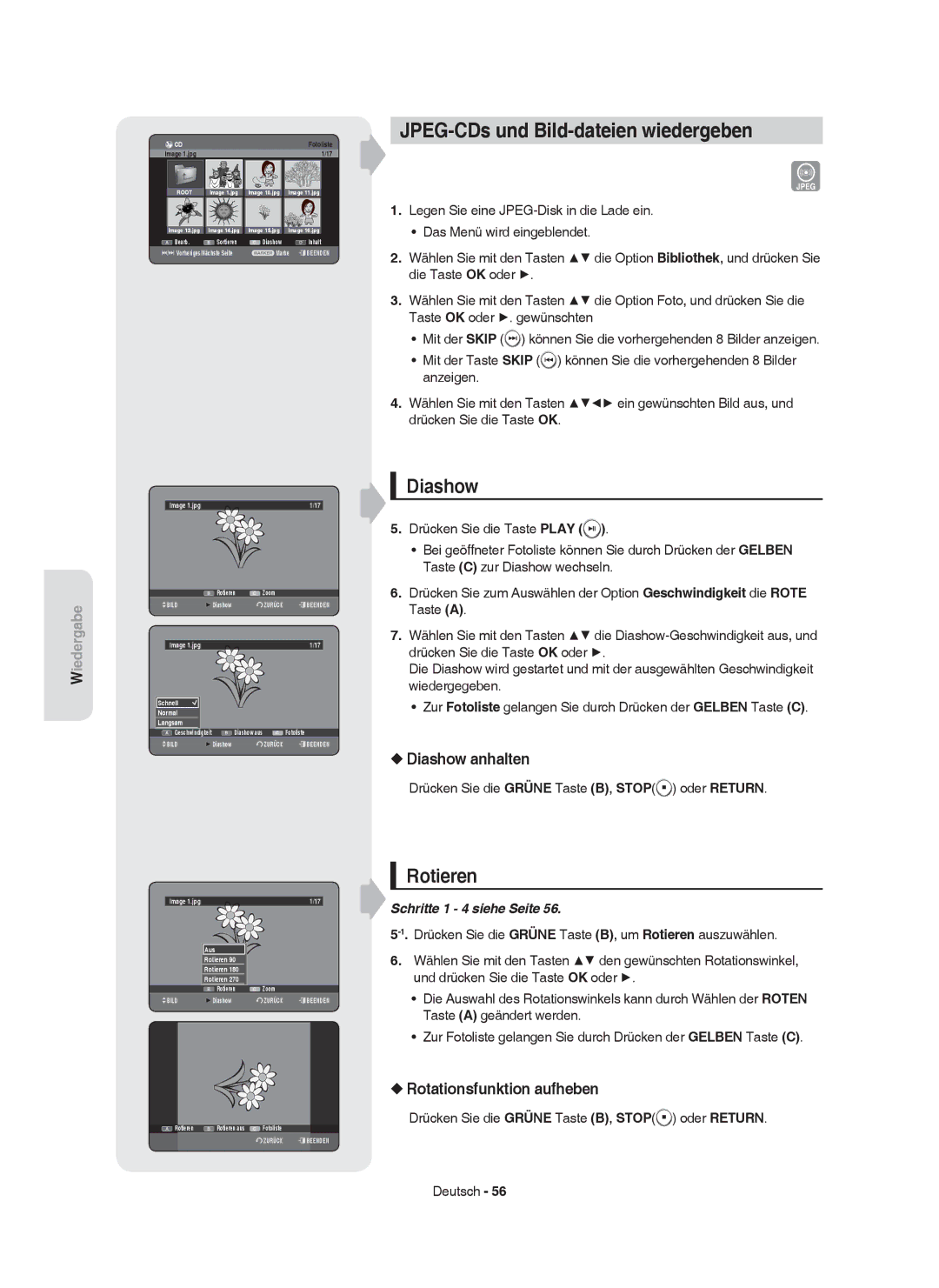 Samsung DVD-HR755/AUS JPEG-CDs und Bild-dateien wiedergeben, Rotieren, Diashow anhalten, Rotationsfunktion aufheben 