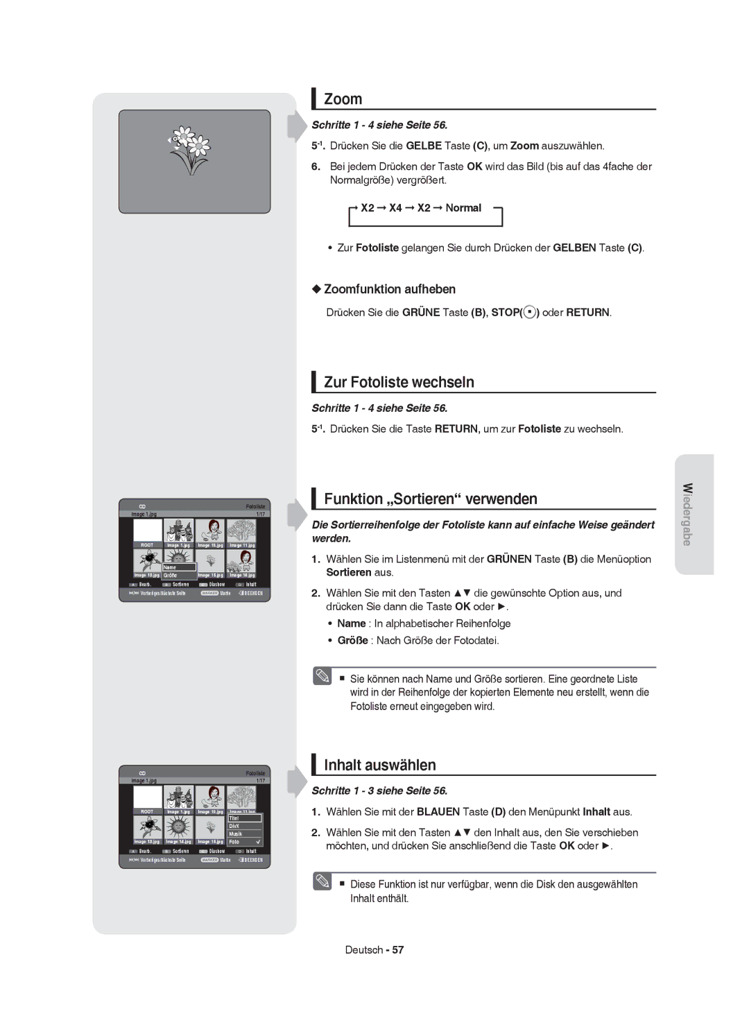 Samsung DVD-HR753/XEB, DVD-HR755/AUS, DVD-HR755/XEG manual Zur Fotoliste wechseln, Zoomfunktion aufheben, X2 X4 X2 Normal 