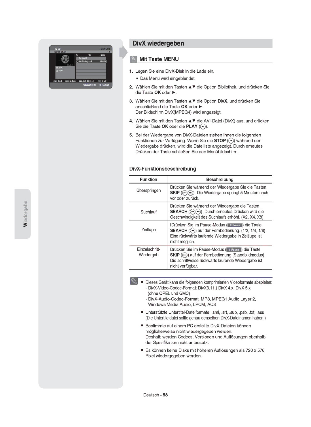 Samsung DVD-HR755/XEG, DVD-HR755/AUS manual DivX wiedergeben, Mit Taste Menu, DivX-Funktionsbeschreibung, Beschreibung 