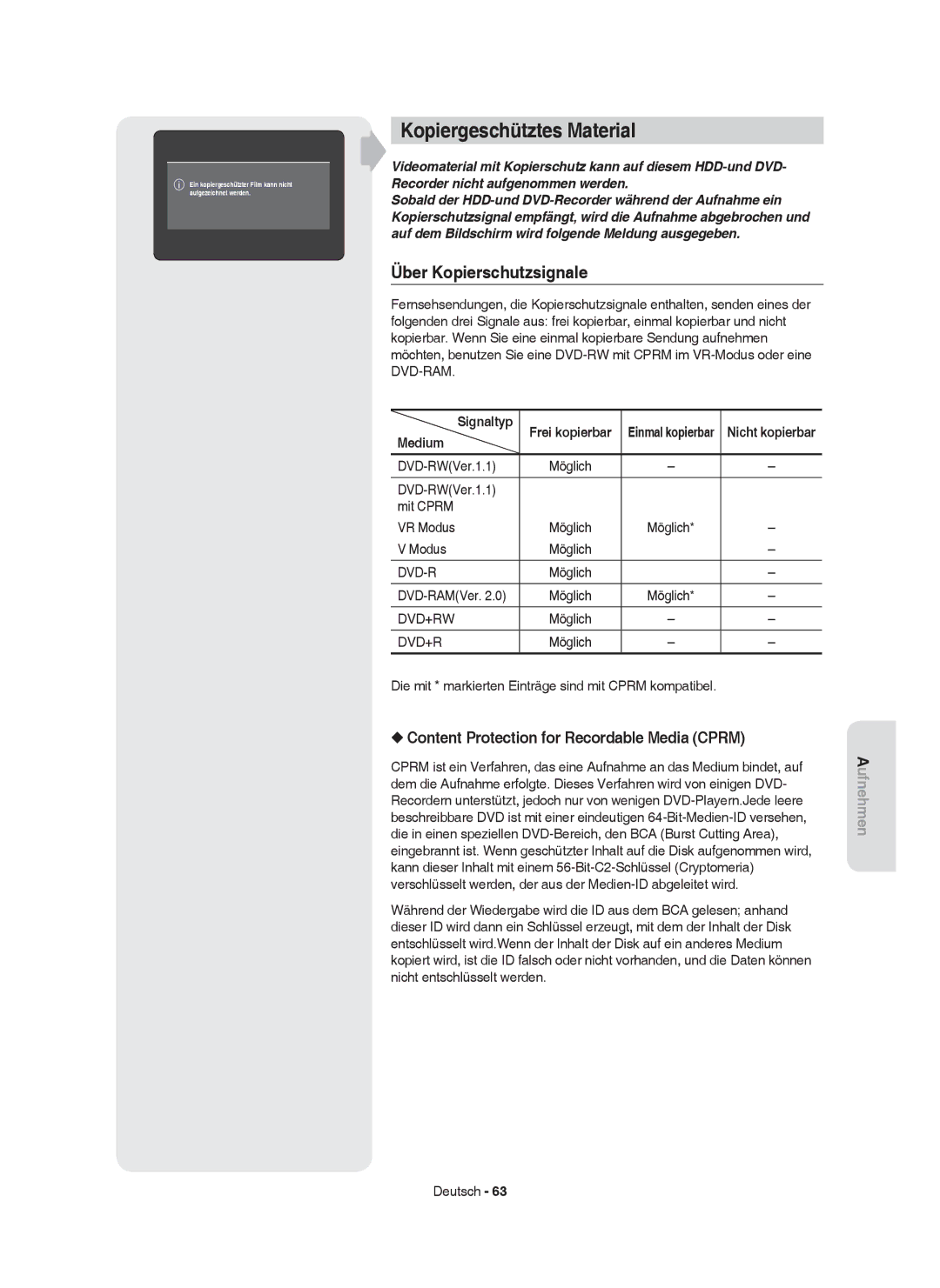 Samsung DVD-HR753/XEF Kopiergeschütztes Material, Über Kopierschutzsignale, Content Protection for Recordable Media Cprm 