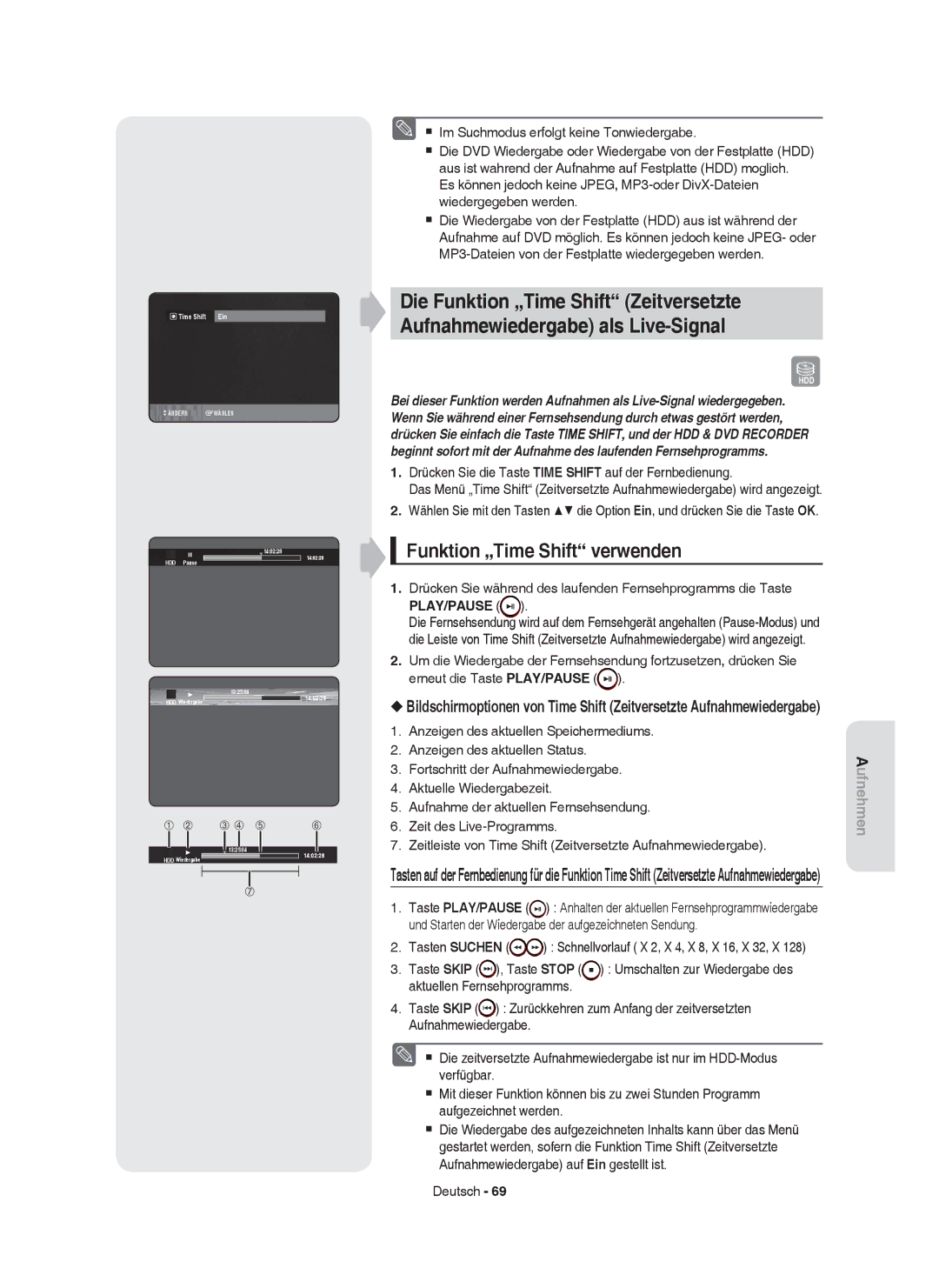 Samsung DVD-HR755/XEN, DVD-HR755/AUS manual Funktion „Time Shift verwenden,  Im Suchmodus erfolgt keine Tonwiedergabe 