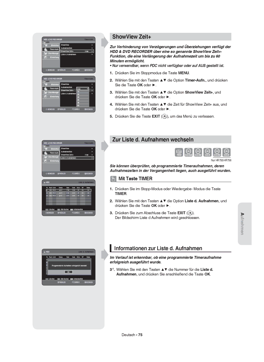 Samsung DVD-HR753/XEG, DVD-HR755/AUS ShowView Zeit+, Zur Liste d. Aufnahmen wechseln, Informationen zur Liste d. Aufnahmen 