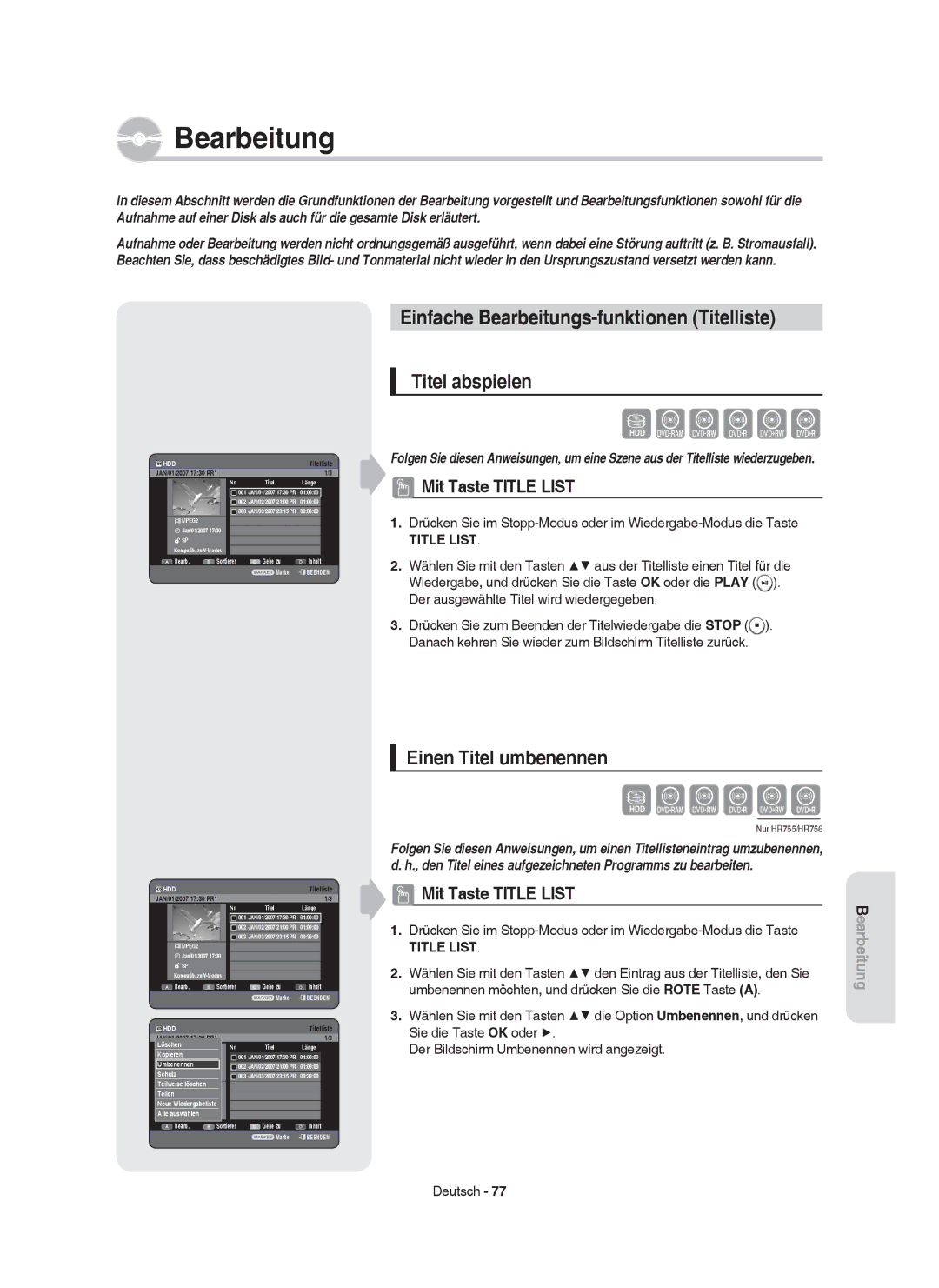 Samsung DVD-HR755/XEN, DVD-HR755/AUS Einfache Bearbeitungs-funktionen Titelliste, Titel abspielen, Einen Titel umbenennen 