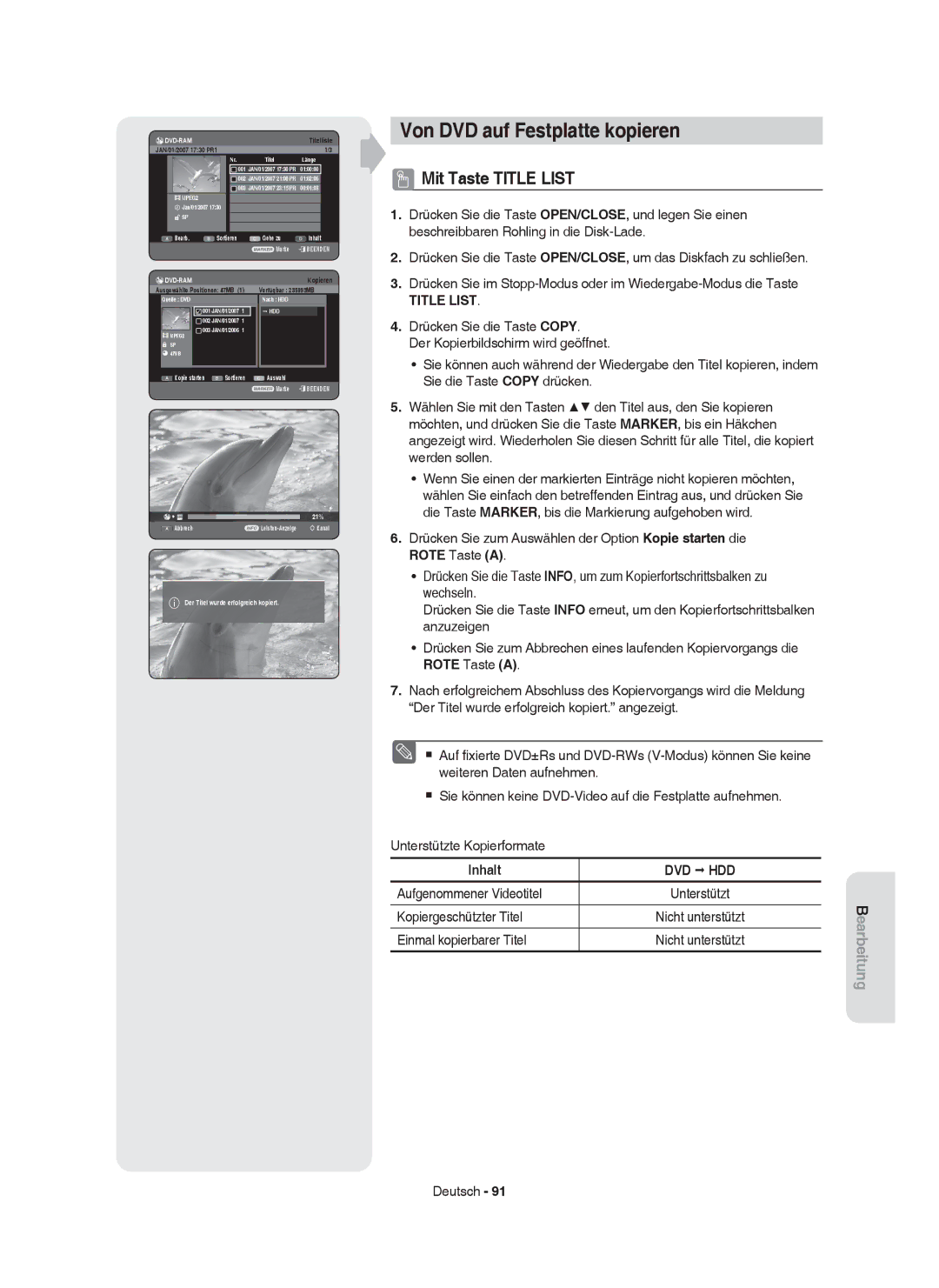 Samsung DVD-HR753/XEG, DVD-HR755/AUS, DVD-HR753/XEB manual Von DVD auf Festplatte kopieren, Aufgenommener Videotitel, Dvd-Ram 