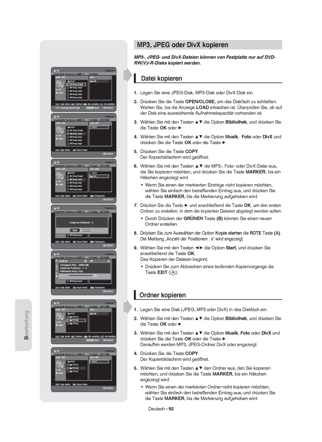 Samsung DVD-HR755/XEB, DVD-HR755/AUS, DVD-HR753/XEB manual MP3, Jpeg oder DivX kopieren, Datei kopieren, Ordner kopieren 