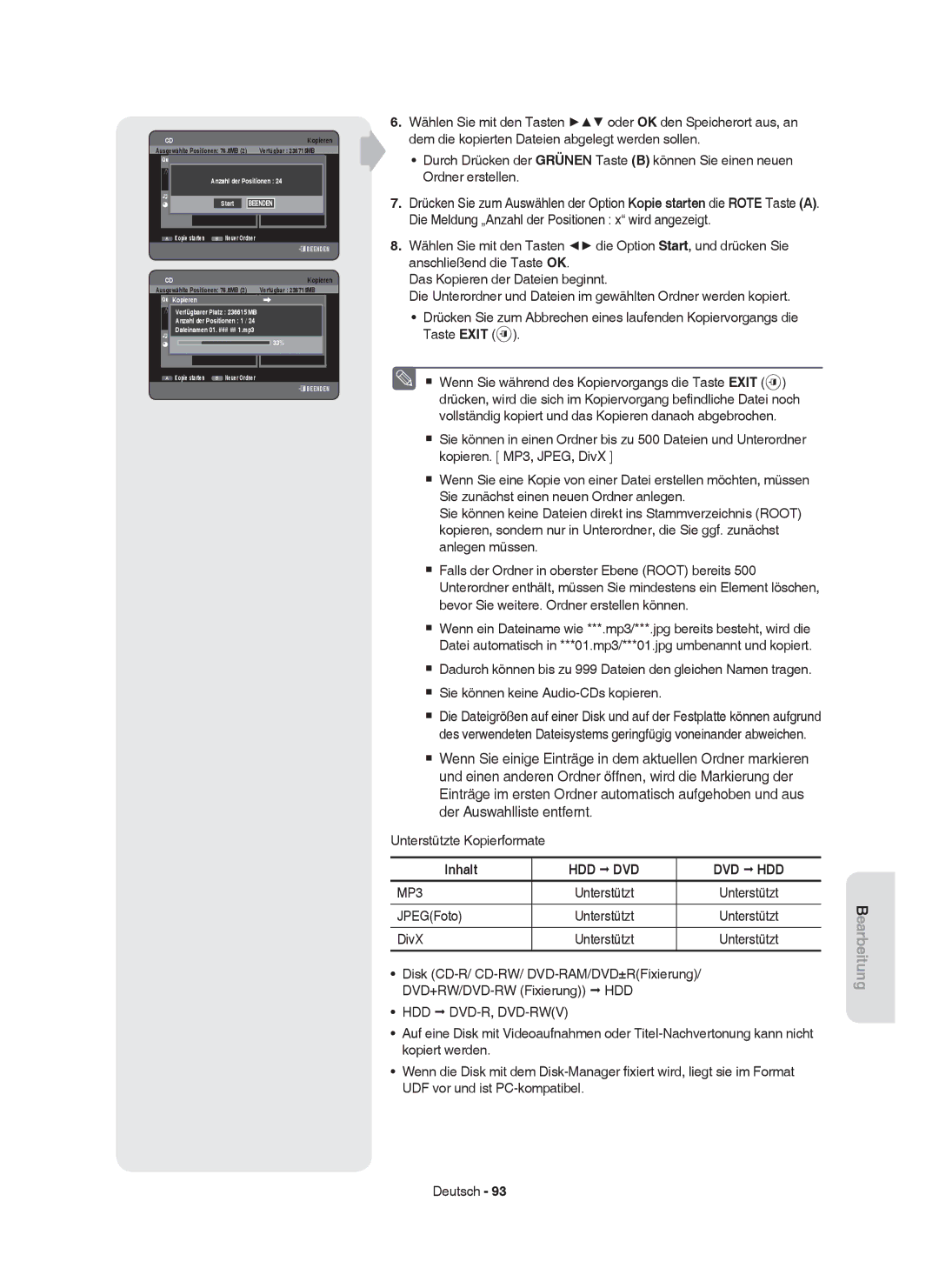 Samsung DVD-HR755/XEN, DVD-HR755/AUS, DVD-HR753/XEB, DVD-HR755/XEG manual JPEGFoto Unterstützt, DivX Unterstützt, Start 