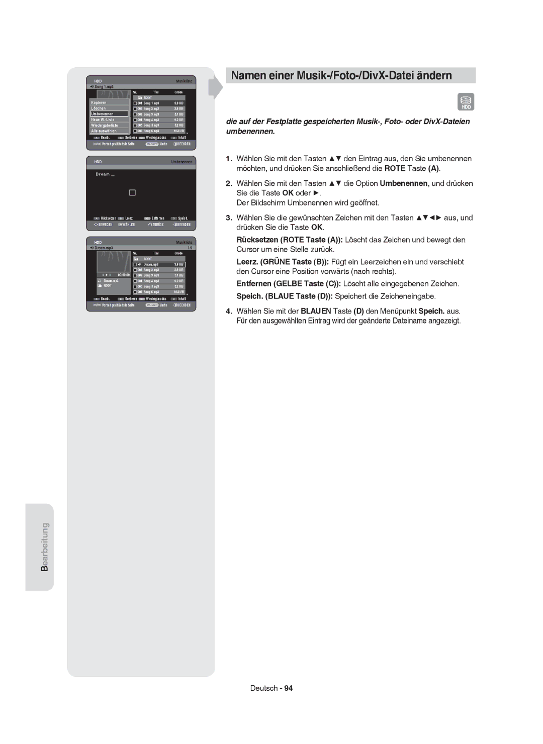 Samsung DVD-HR753/AUS, DVD-HR755/AUS Namen einer Musik-/Foto-/DivX-Datei ändern, Wiedergabeliste Alle auswählen, Dream 