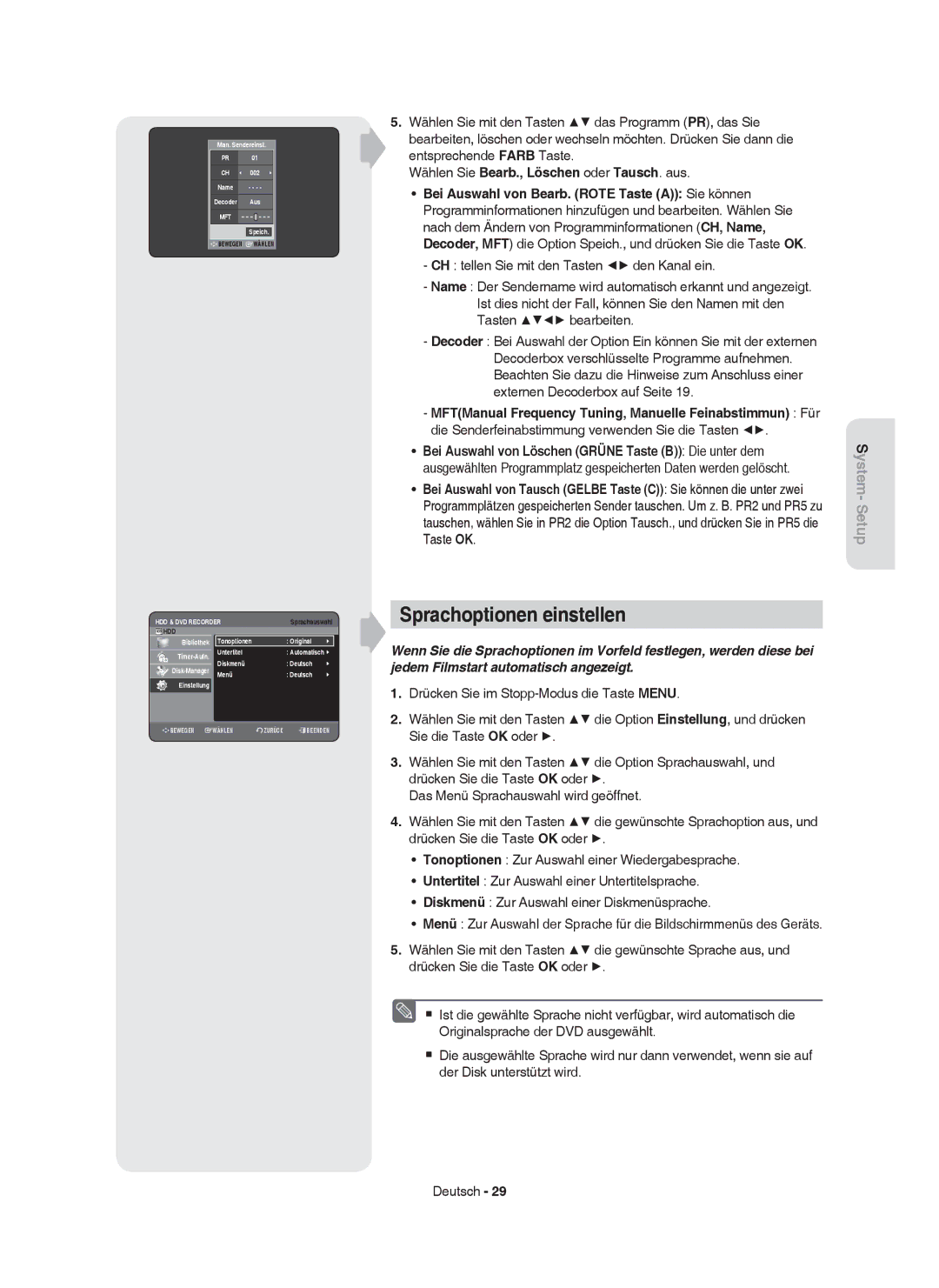 Samsung DVD-HR756/XEG, DVD-HR755/AUS, DVD-HR753/XEB, DVD-HR755/XEG, DVD-HR753/XEG, DVD-HR755/XEB Sprachoptionen einstellen 