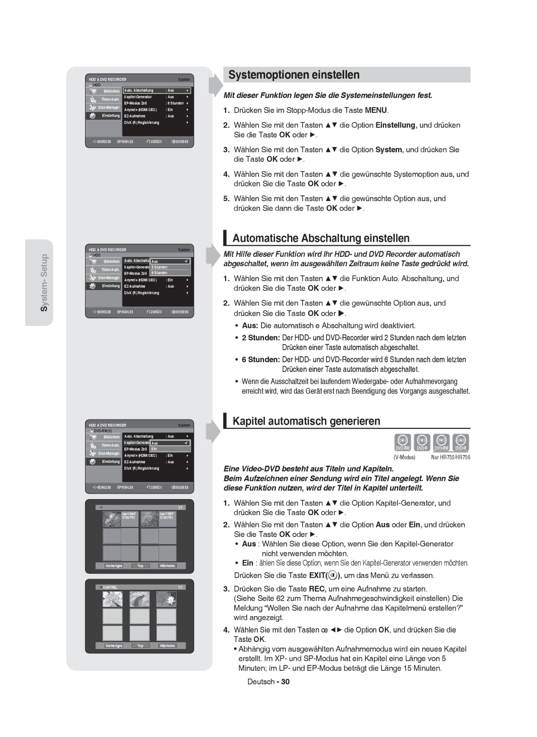 Samsung DVD-HR755/XEG manual Systemoptionen einstellen, Automatische Abschaltung einstellen, Kapitel automatisch generieren 