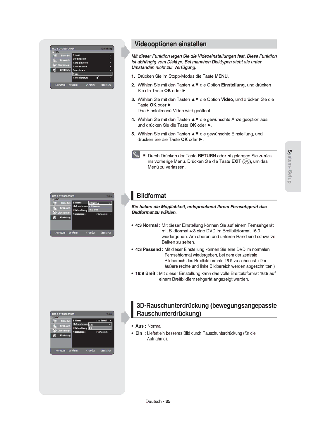 Samsung DVD-HR753/XEF, DVD-HR755/AUS, DVD-HR753/XEB, DVD-HR756/XEG manual Videooptionen einstellen, Bildformat, Aus Normal 