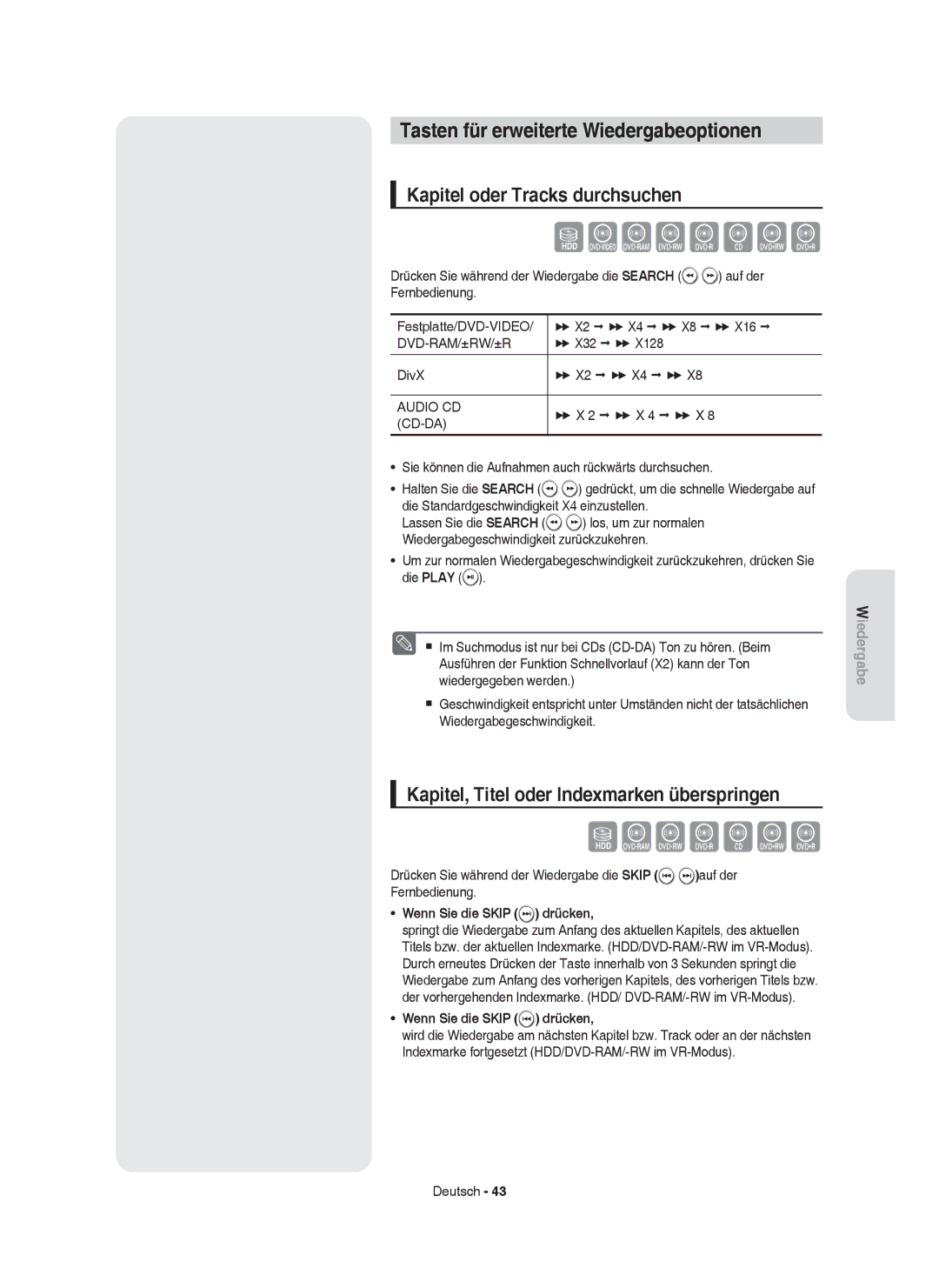 Samsung DVD-HR753/AUS Tasten für erweiterte Wiedergabeoptionen, Kapitel oder Tracks durchsuchen, Wenn Sie die Skip drücken 