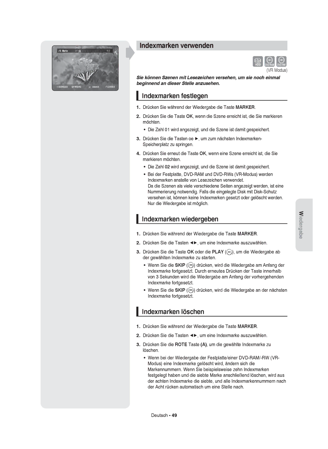 Samsung DVD-HR753/XEG Indexmarken verwenden, Indexmarken festlegen, Indexmarken wiedergeben, Indexmarken löschen, VR Modus 