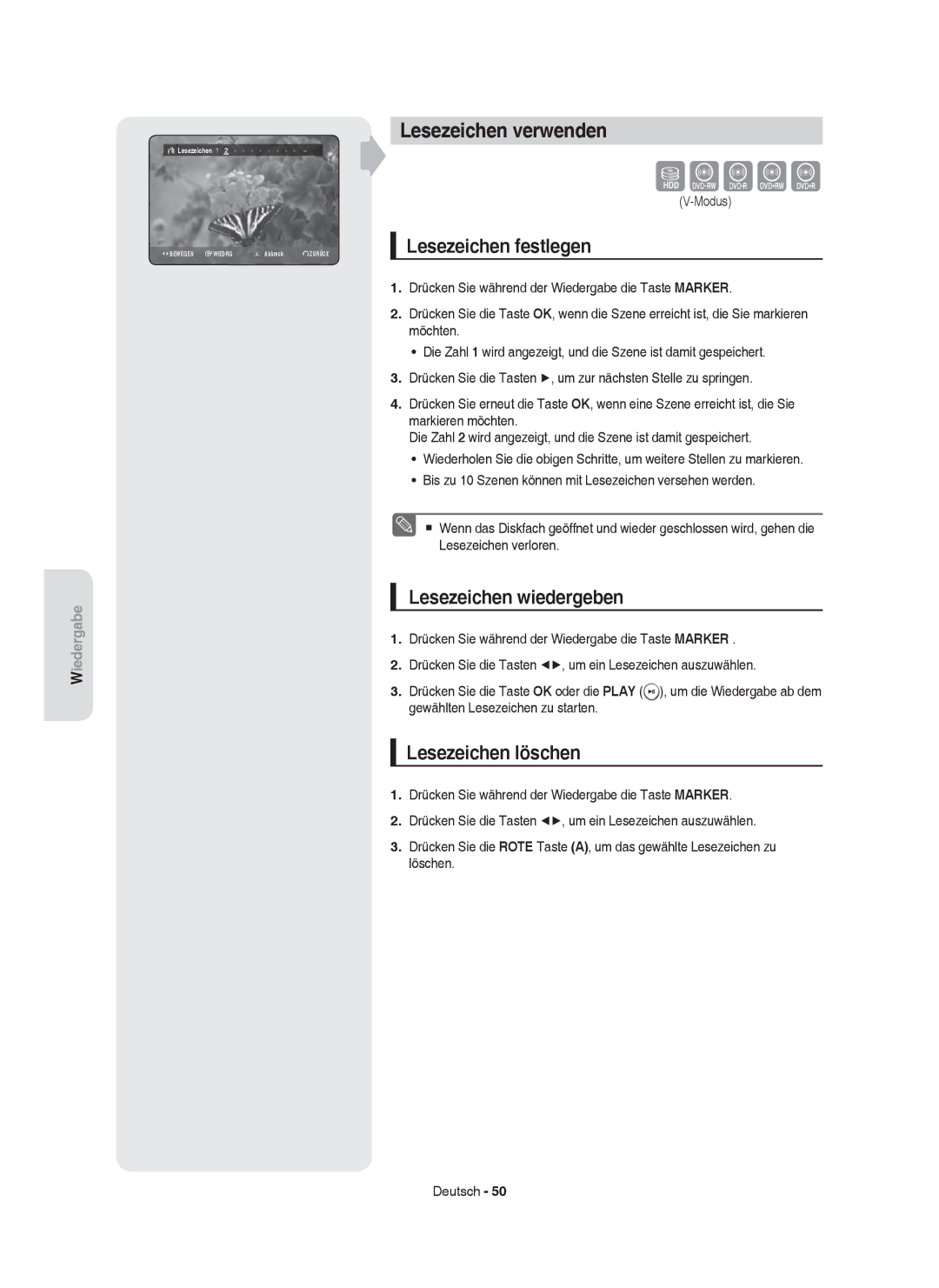 Samsung DVD-HR755/XEB Lesezeichen verwenden, Lesezeichen festlegen, Lesezeichen wiedergeben, Lesezeichen löschen, Modus 