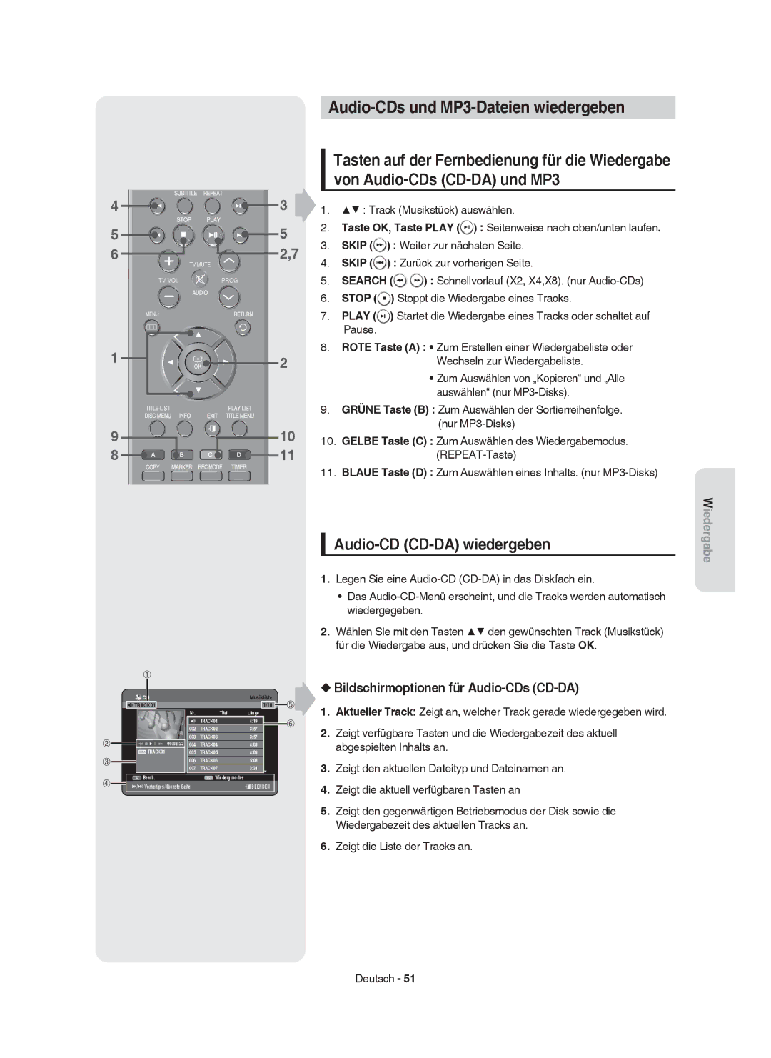 Samsung DVD-HR755/XEN, DVD-HR755/AUS, DVD-HR753/XEB manual Audio-CDs und MP3-Dateien wiedergeben, Audio-CD CD-DA wiedergeben 