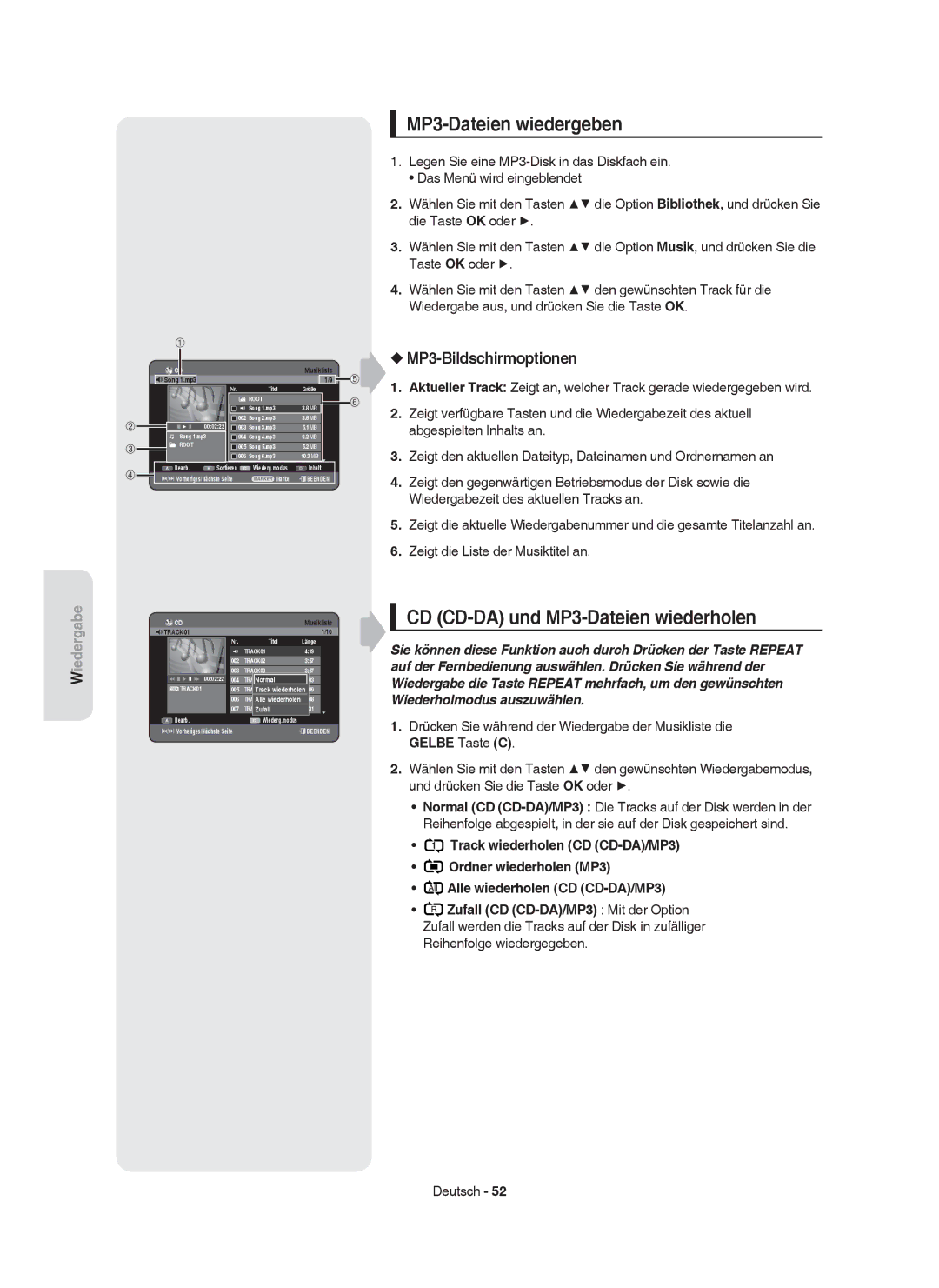 Samsung DVD-HR753/AUS, DVD-HR755/AUS MP3-Dateien wiedergeben, CD CD-DA und MP3-Dateien wiederholen, MP3-Bildschirmoptionen 