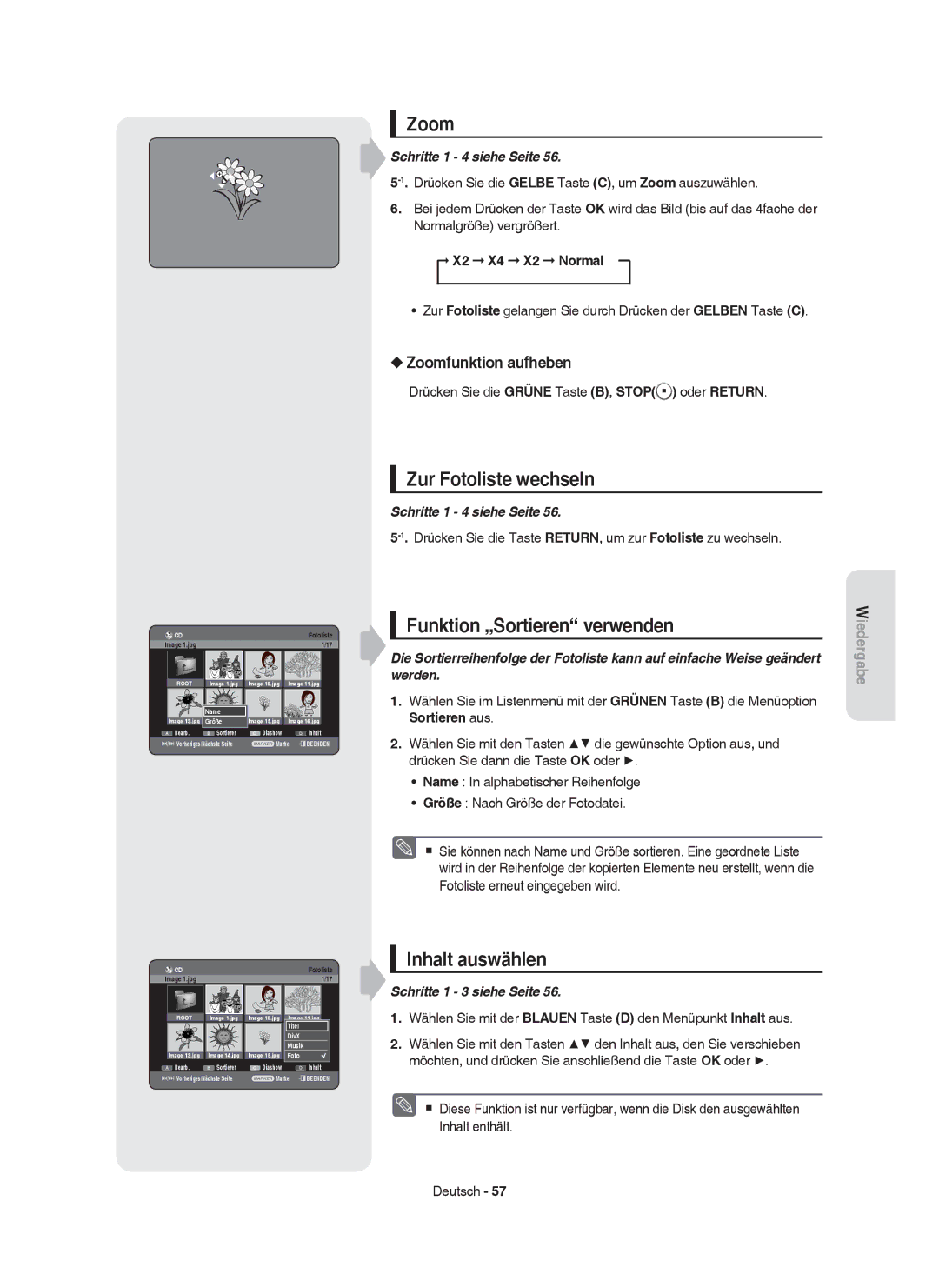 Samsung DVD-HR755/XEG manual Zur Fotoliste wechseln, Zoomfunktion aufheben, X2 X4 X2 Normal, Schritte 1 3 siehe Seite 